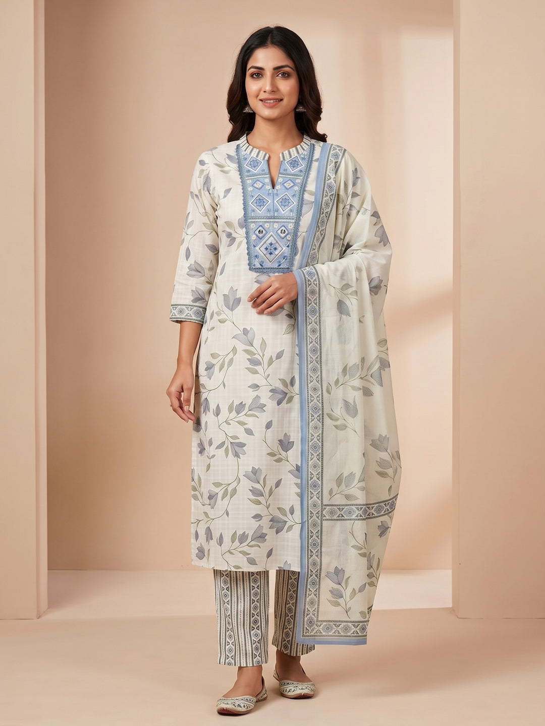 Peachmode Cream Pure Cotton Floral Printed Embroidered Salwar Suit - Image 5