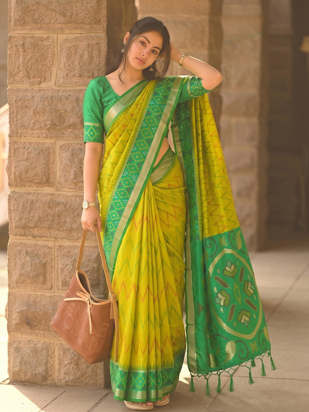 Peachmode Yellow Soft Silk Woven Saree - Image 1