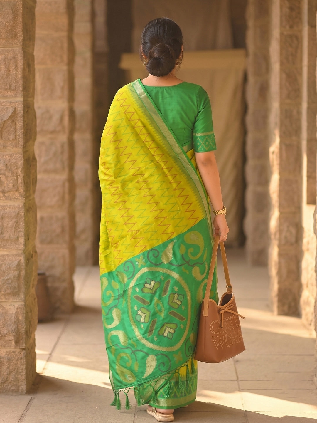 Peachmode Yellow Soft Silk Woven Saree - Image 2