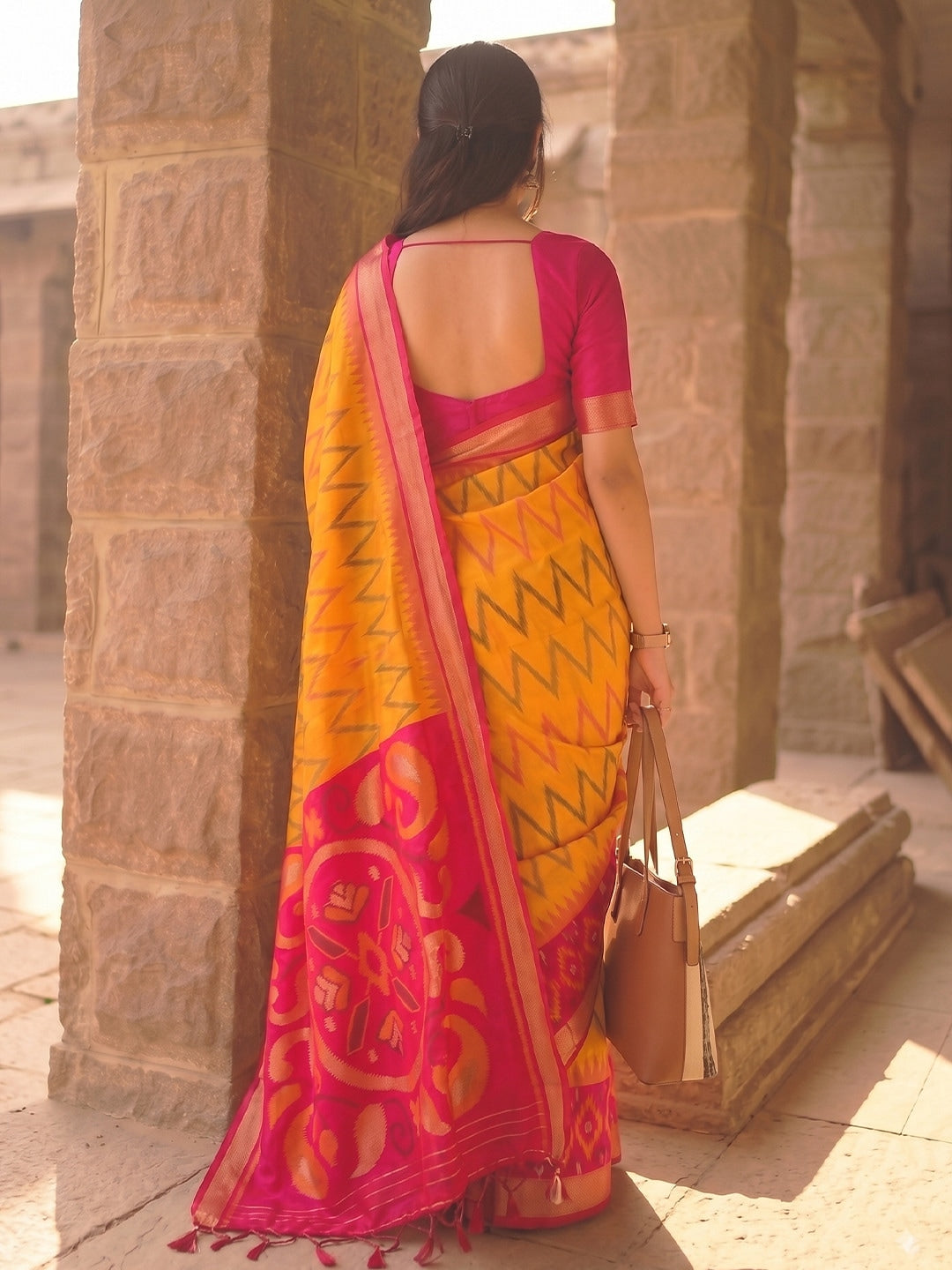 Peachmode Mustard Soft Silk Woven Saree - Image 2