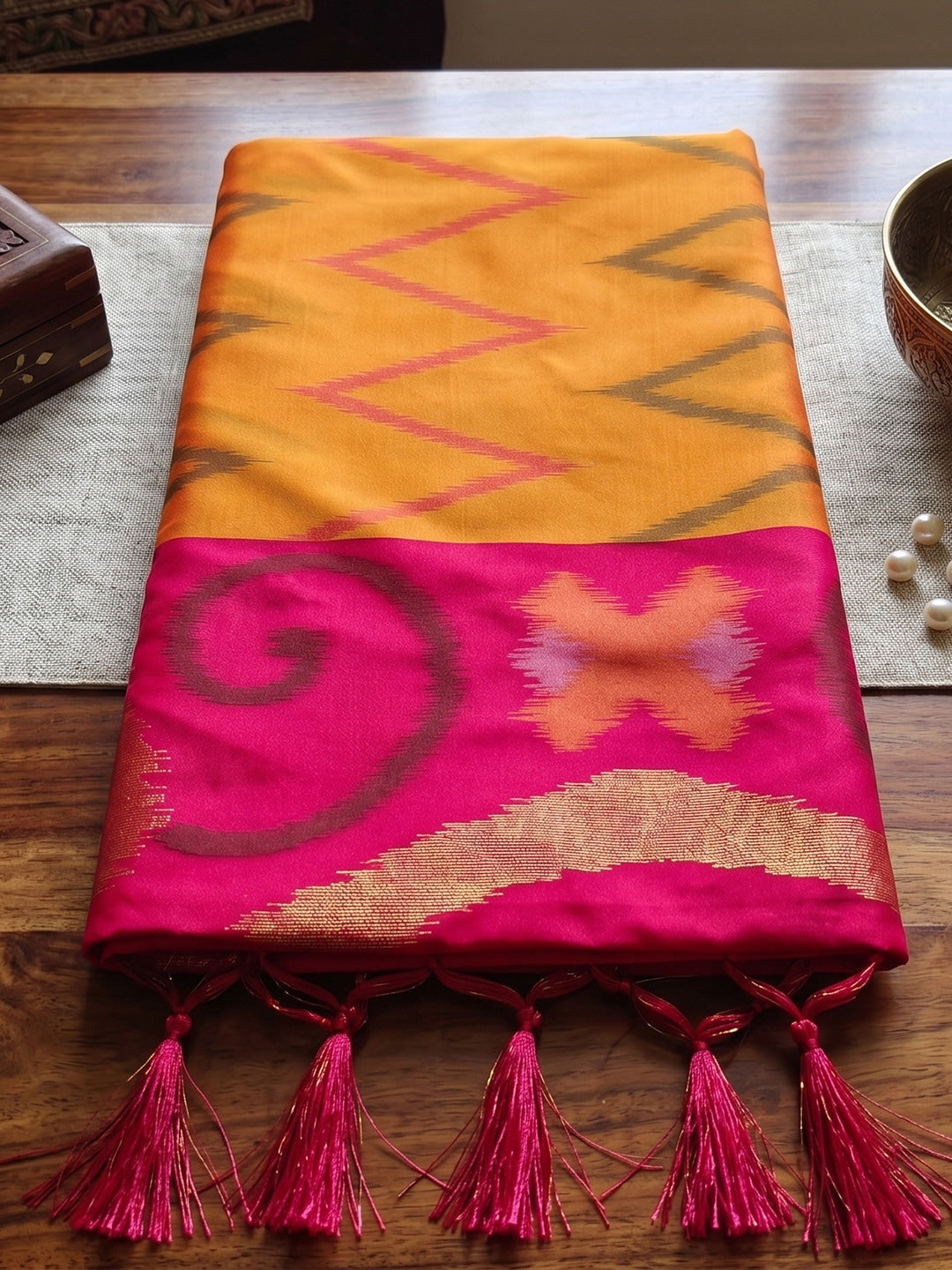 Peachmode Mustard Soft Silk Woven Saree - Image 4