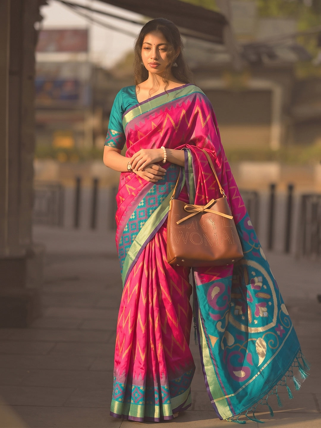 Peachmode Rani Pink Soft Silk Woven Saree - Image 1