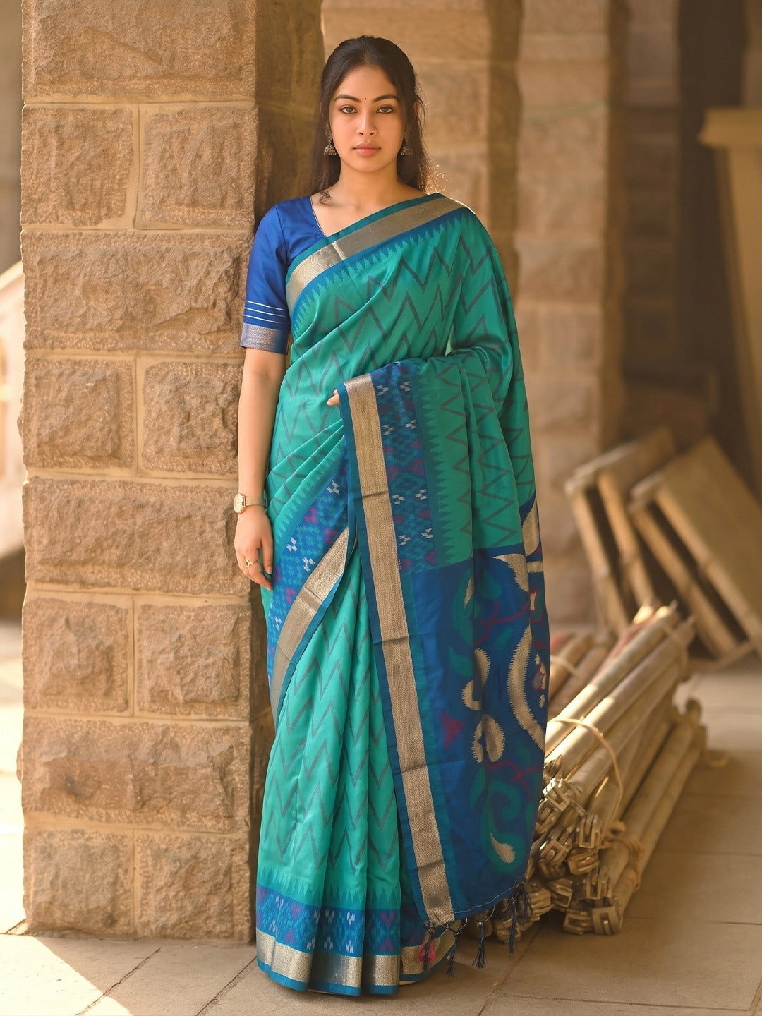 Peachmode Sea Green Soft Silk Woven Saree - Image 1