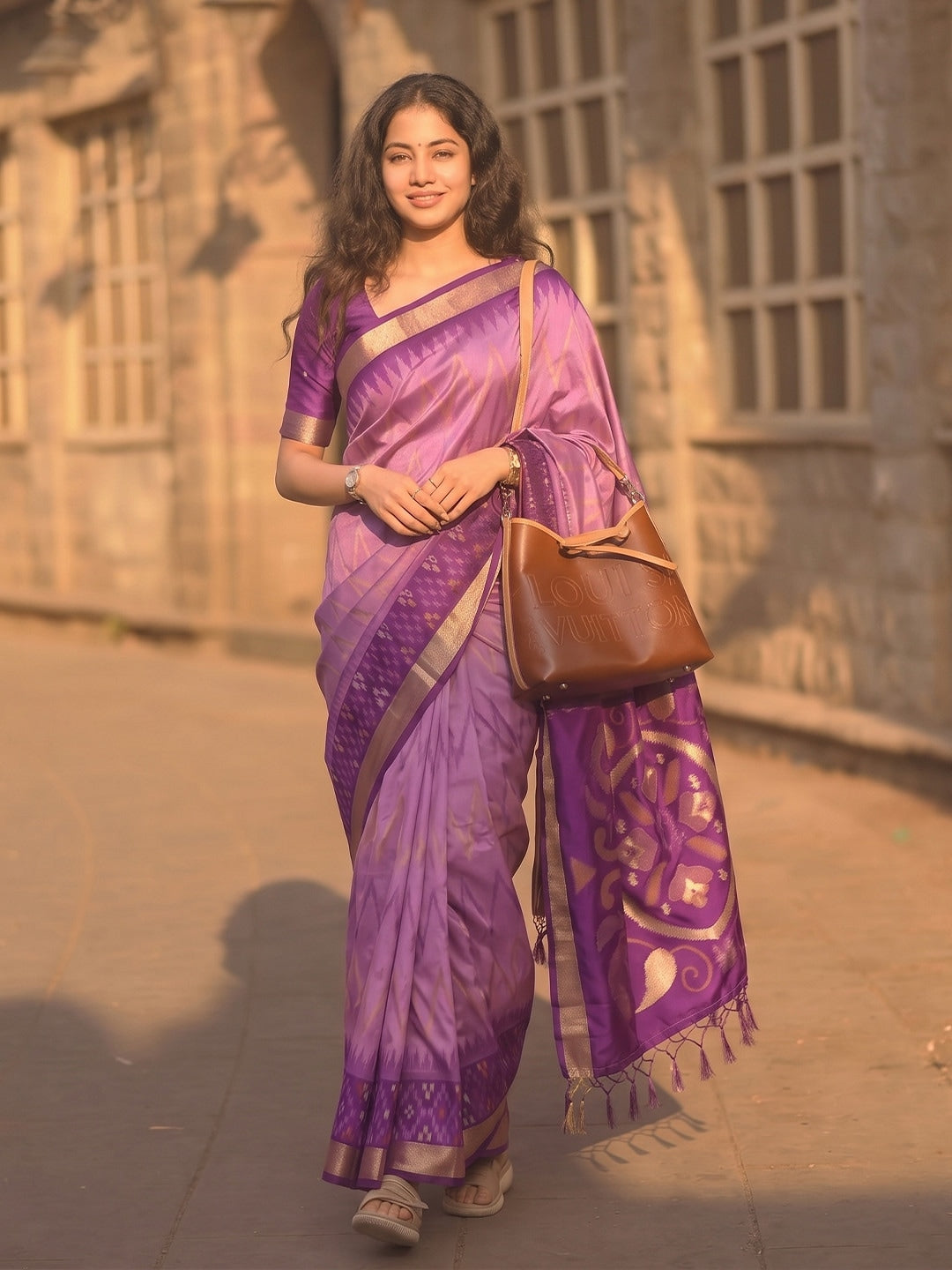 Peachmode Lavender Soft Silk Woven Saree - Image 1