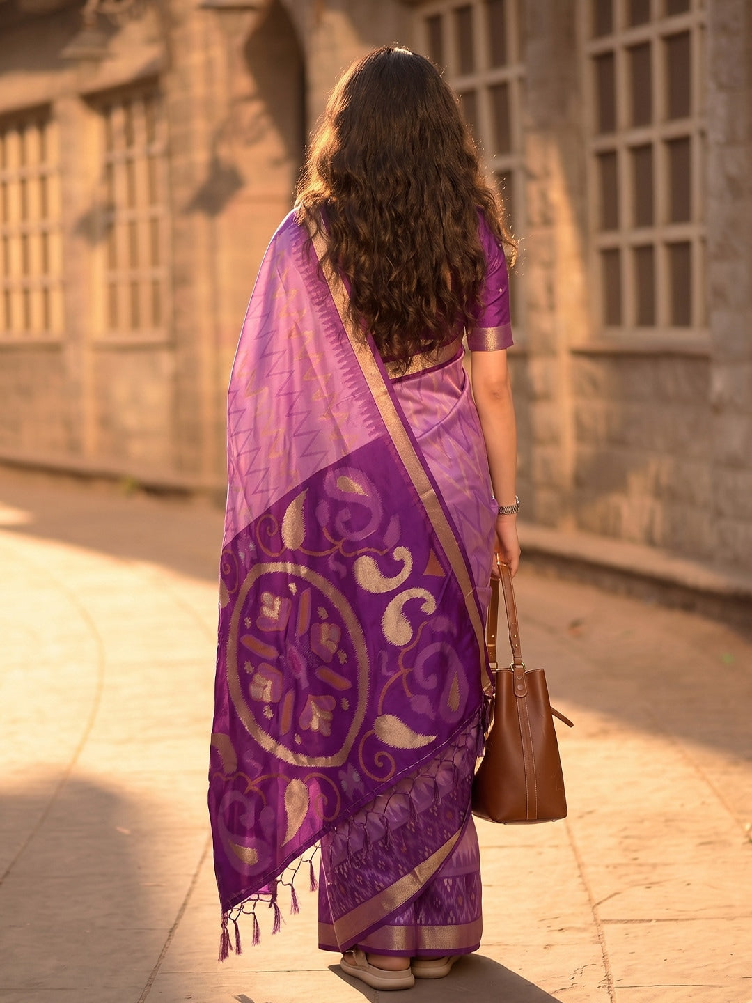 Peachmode Lavender Soft Silk Woven Saree - Image 3