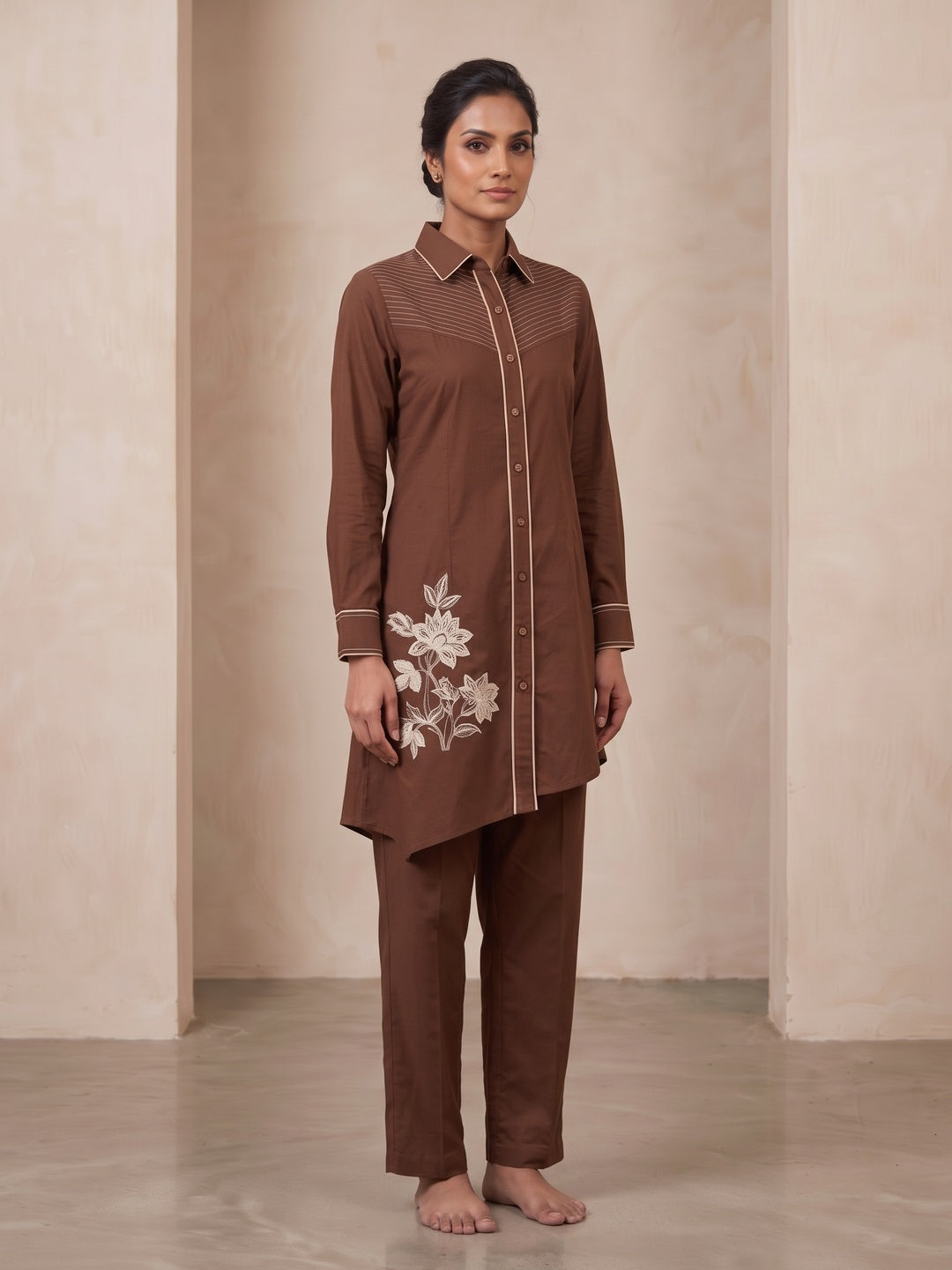 Peachmode Brown Pure Cotton Floral Embroidered Co-ord Set - Image 1