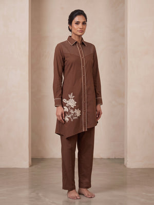 Peachmode Brown Pure Cotton Floral Embroidered Co-ord Set - Image 1