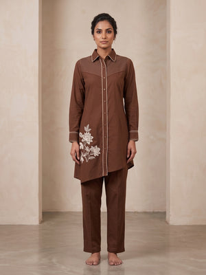 Peachmode Brown Pure Cotton Floral Embroidered Co-ord Set - Image 2