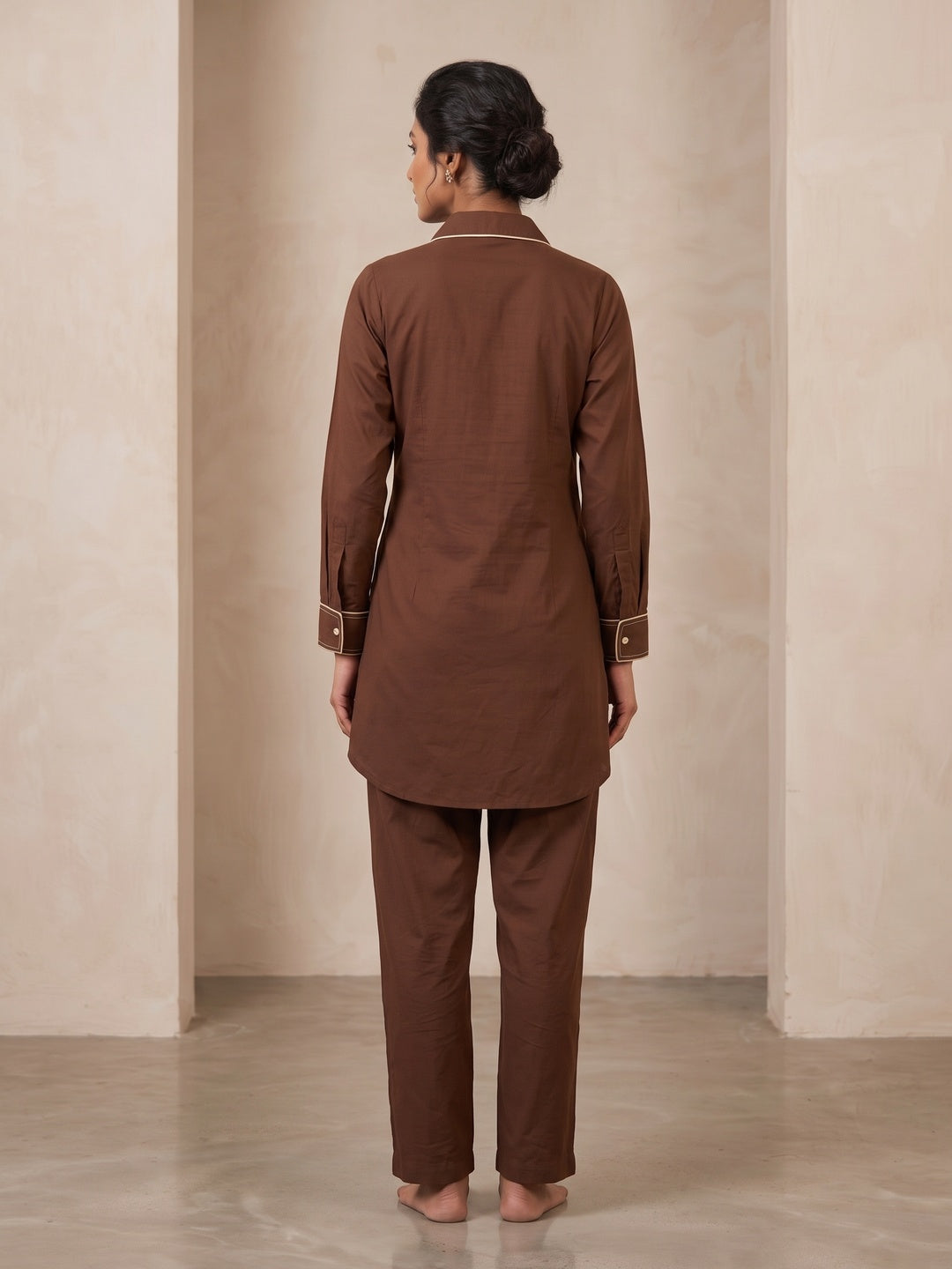 Peachmode Brown Pure Cotton Floral Embroidered Co-ord Set - Image 4