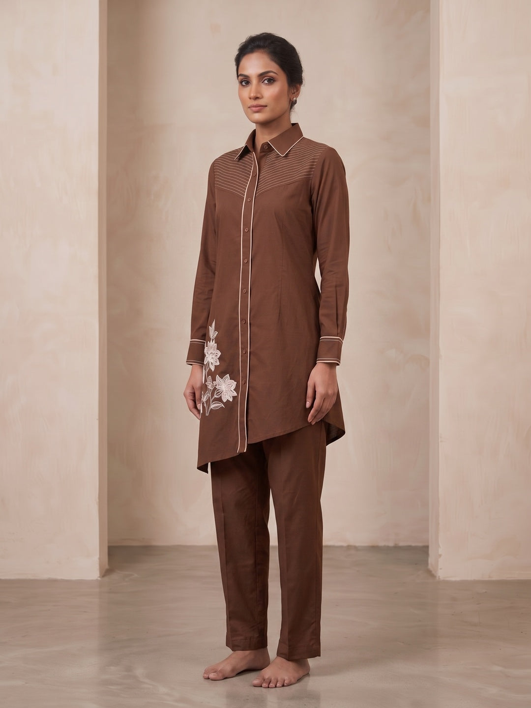Peachmode Brown Pure Cotton Floral Embroidered Co-ord Set - Image 5