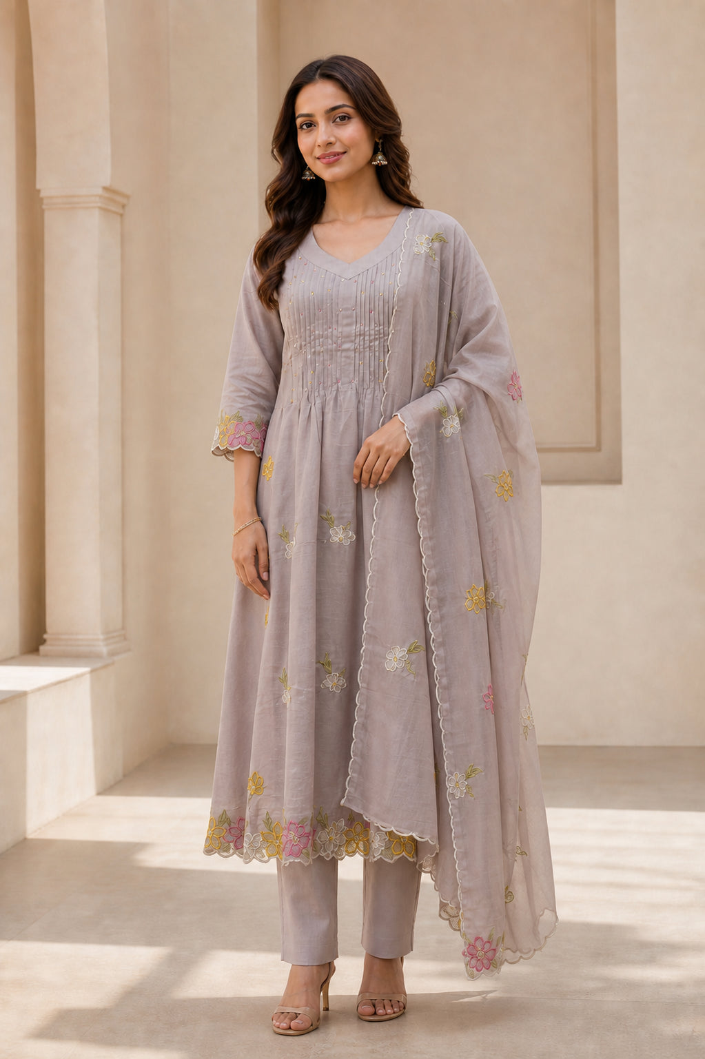Peachmode Grey Chanderi Silk Embroidered A-Line Salwar Suit - Image 2