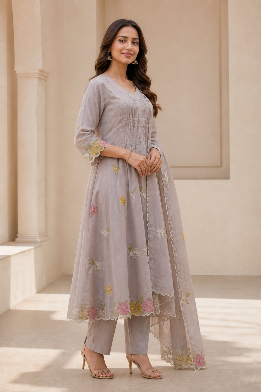Peachmode Grey Chanderi Silk Embroidered A-Line Salwar Suit - Image 3