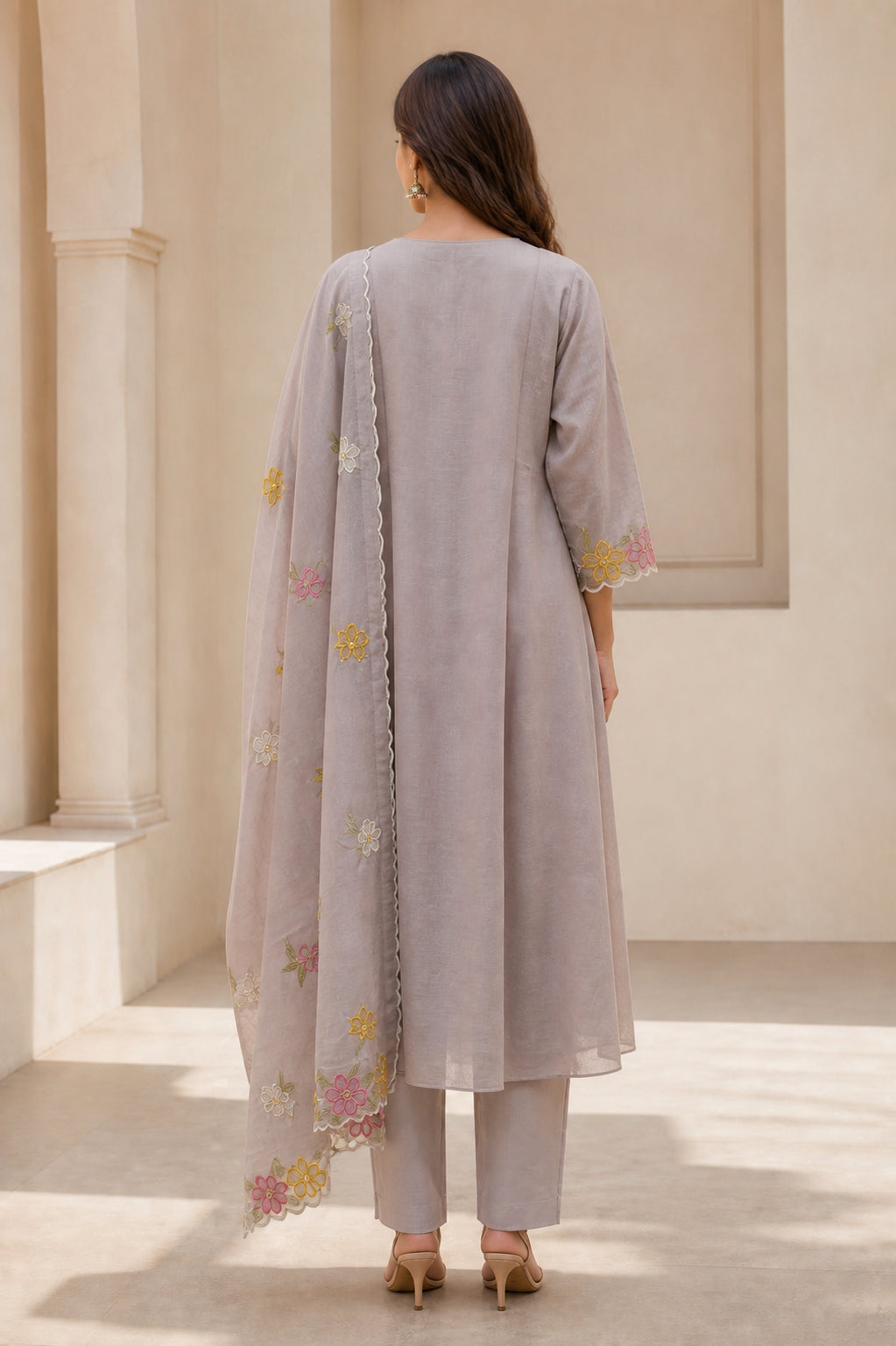 Peachmode Grey Chanderi Silk Embroidered A-Line Salwar Suit - Image 4