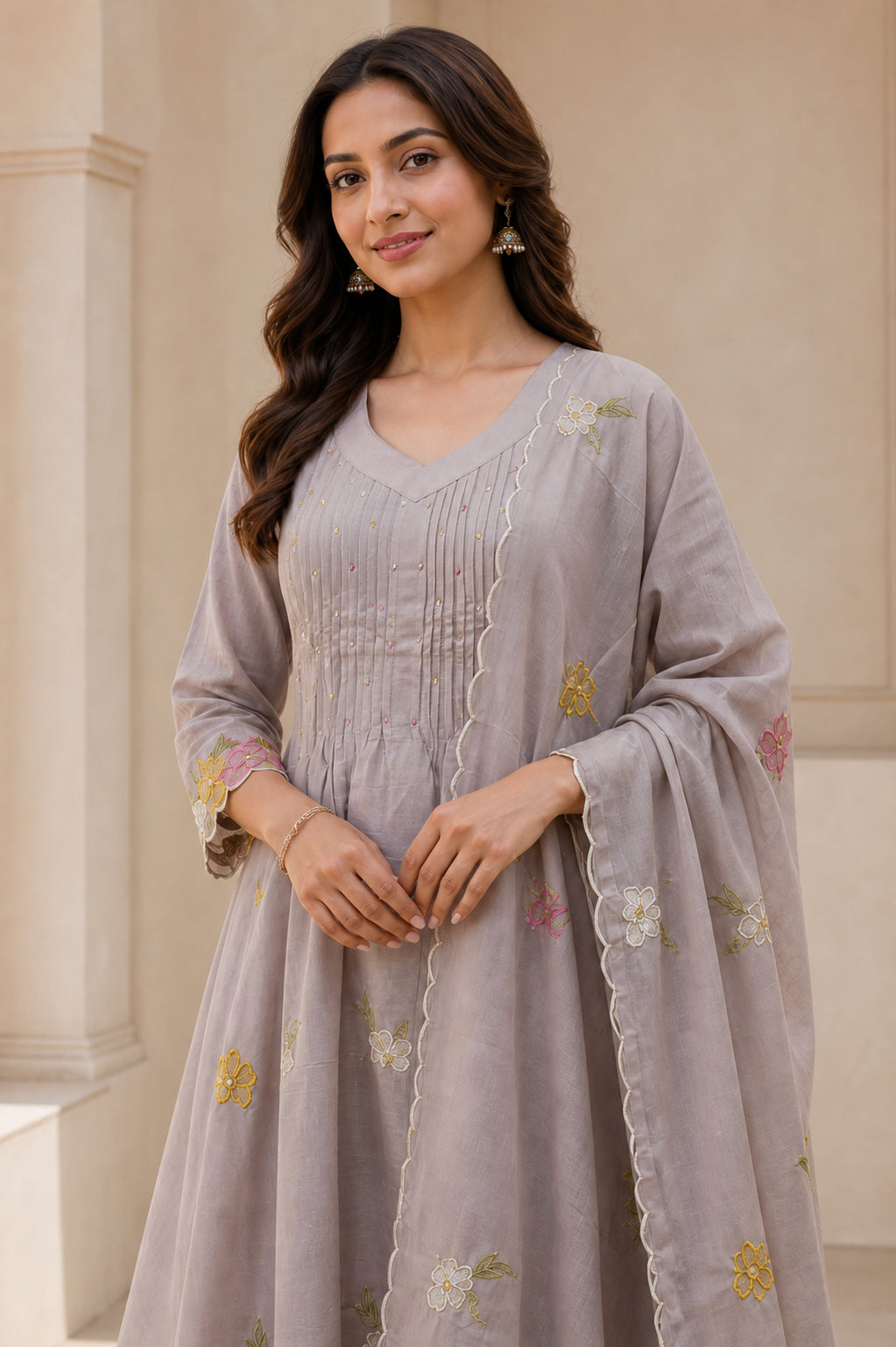 Peachmode Grey Chanderi Silk Embroidered A-Line Salwar Suit - Image 5