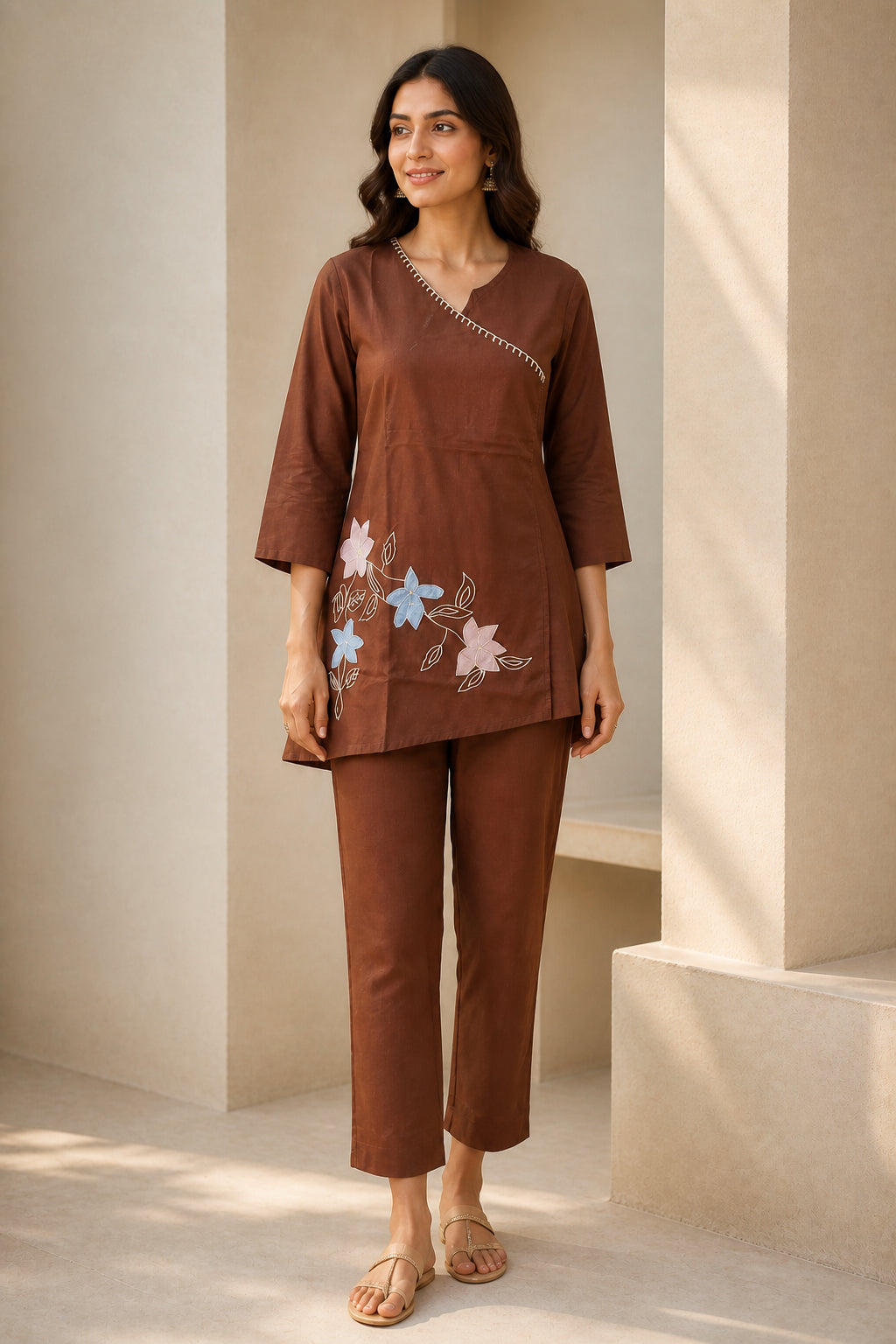 Peachmode Brown Pure Cotton Floral Applique Co-ord Set - Image 2