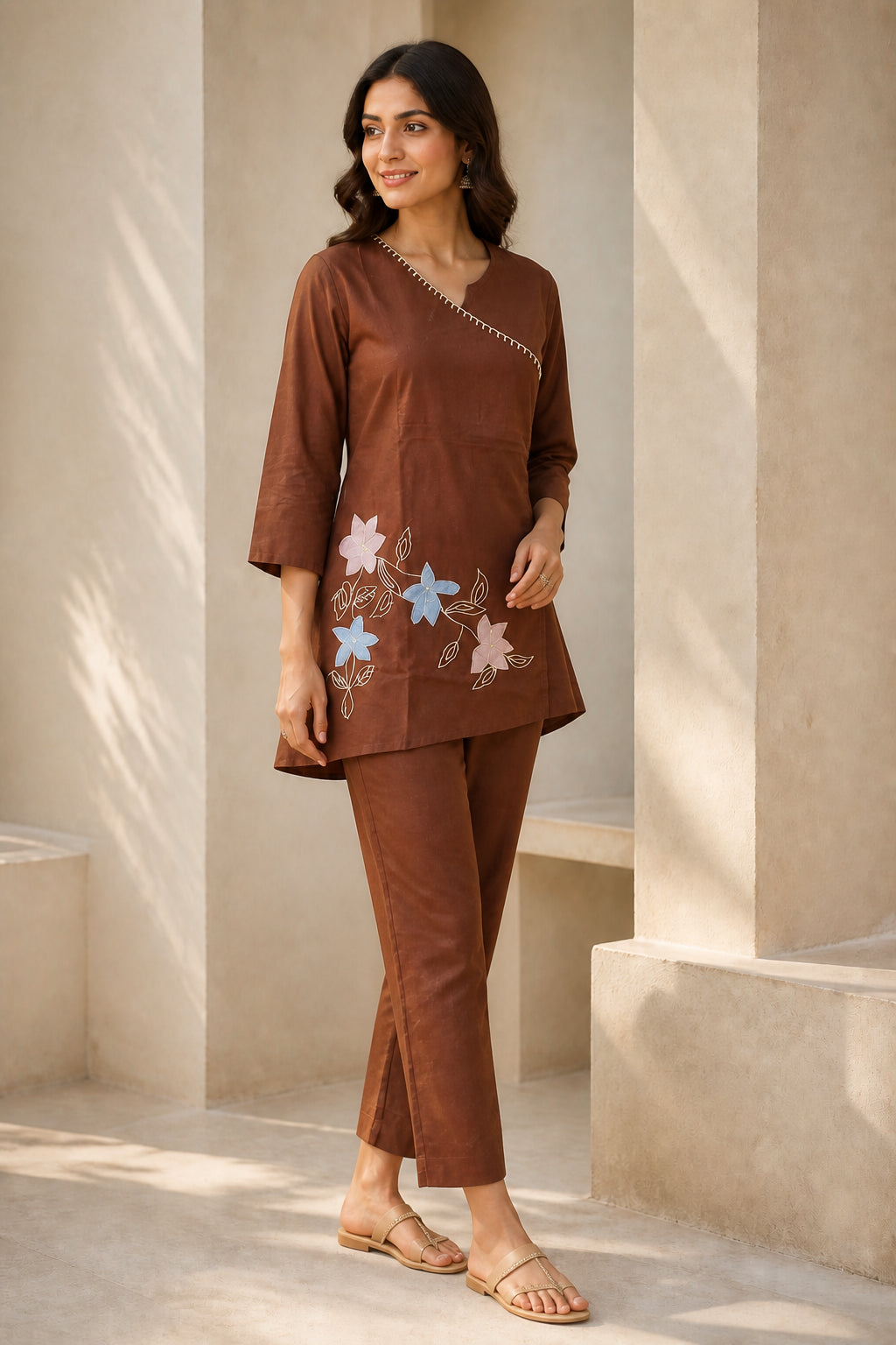 Peachmode Brown Pure Cotton Floral Applique Co-ord Set - Image 3
