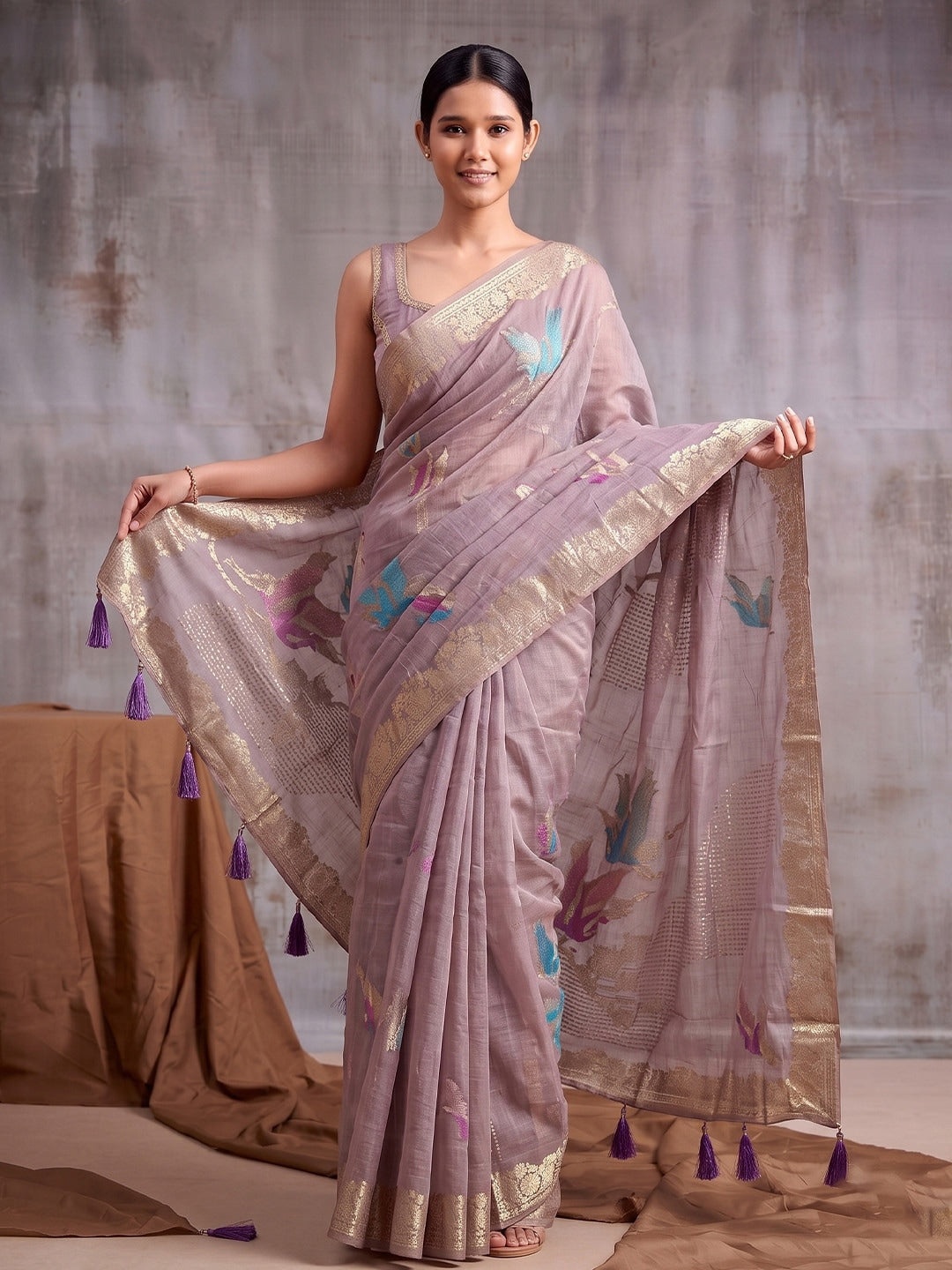 Peachmode Purple Linen Cotton Woven Saree - Image 1
