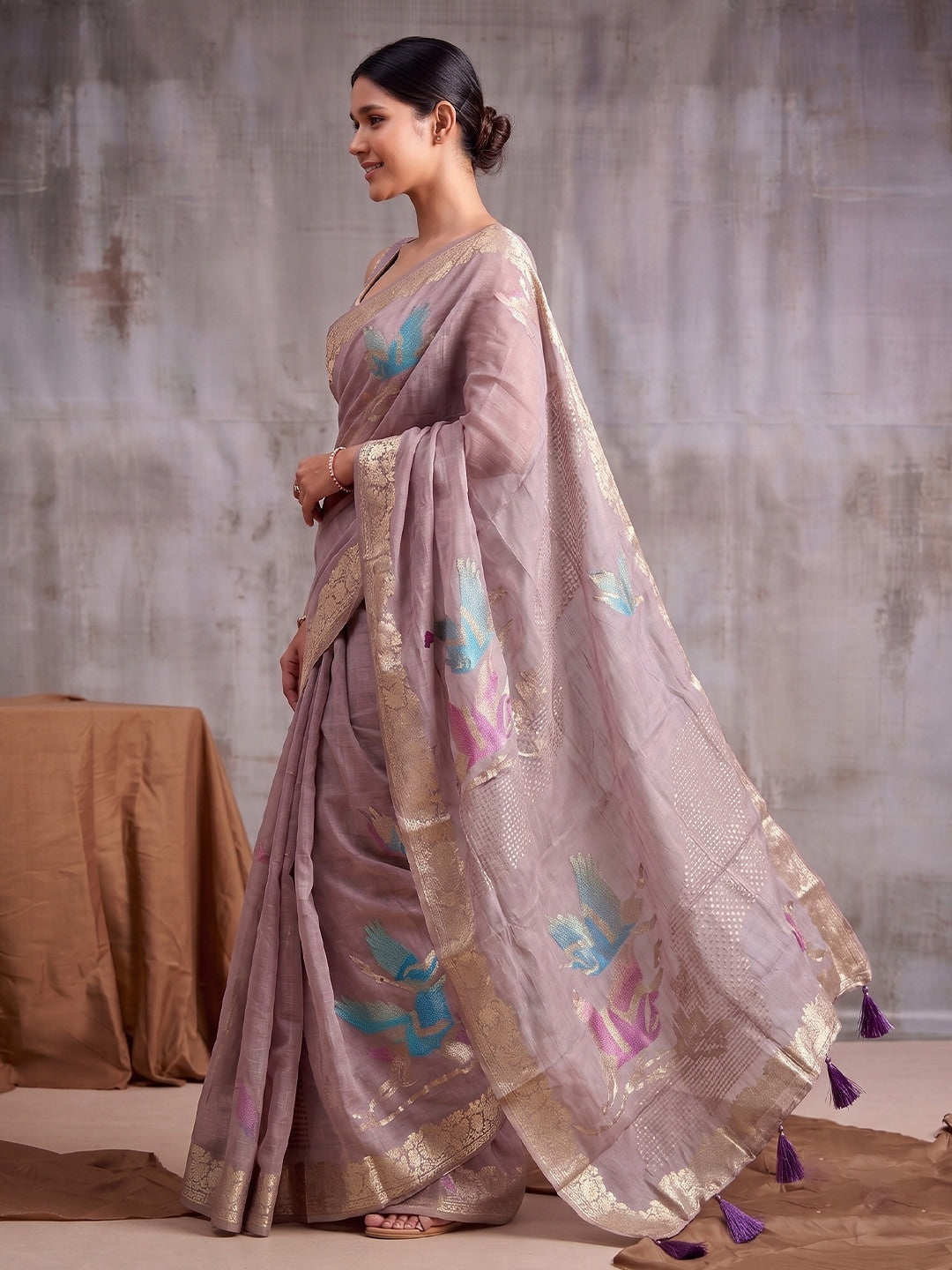 Peachmode Purple Linen Cotton Woven Saree - Image 2