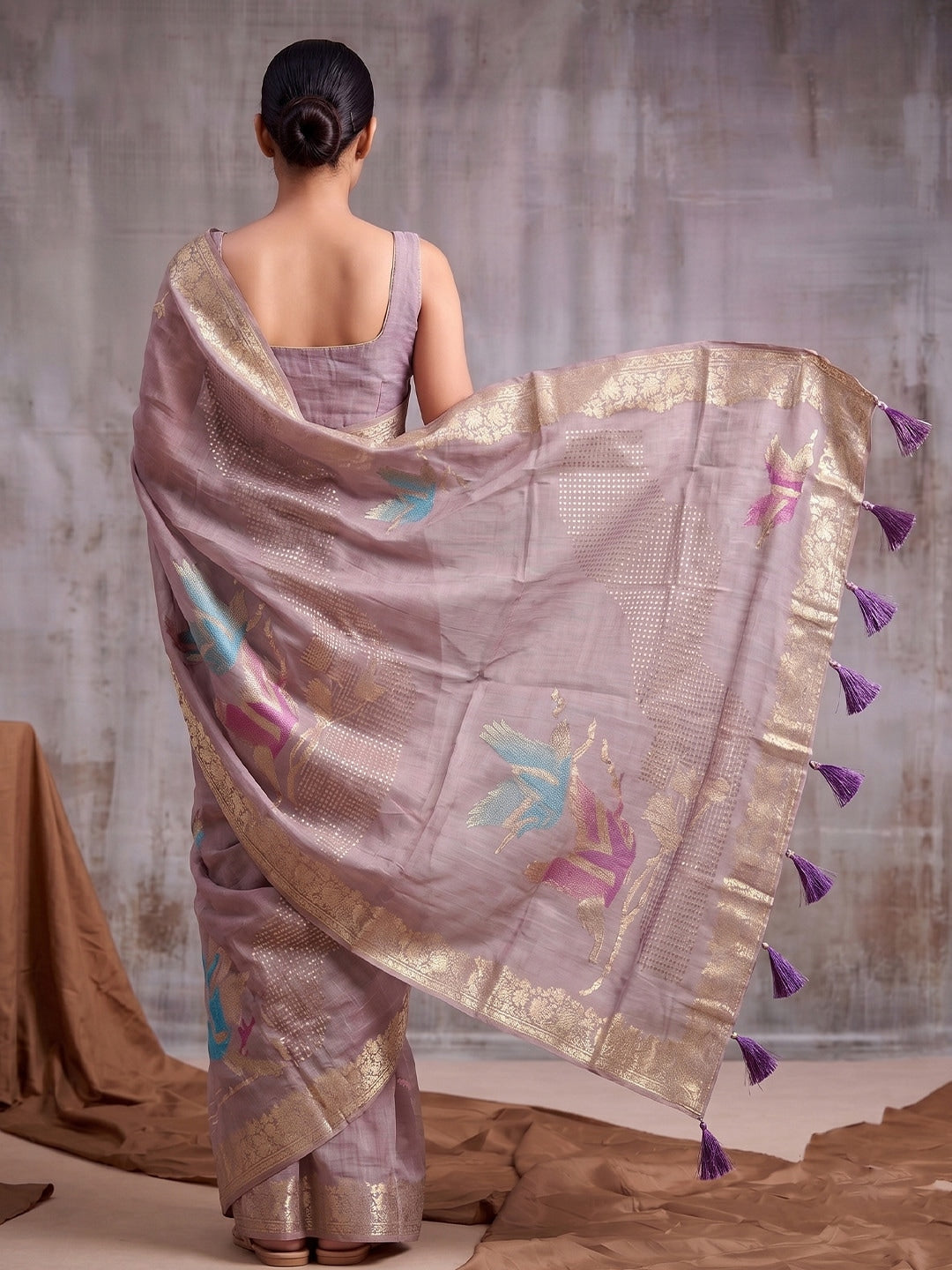 Peachmode Purple Linen Cotton Woven Saree - Image 3