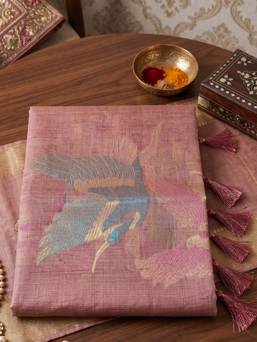 Peachmode Pink Linen Cotton Woven Saree - Image 4