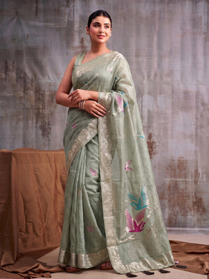 Peachmode Green Linen Cotton Woven Saree - Image 1