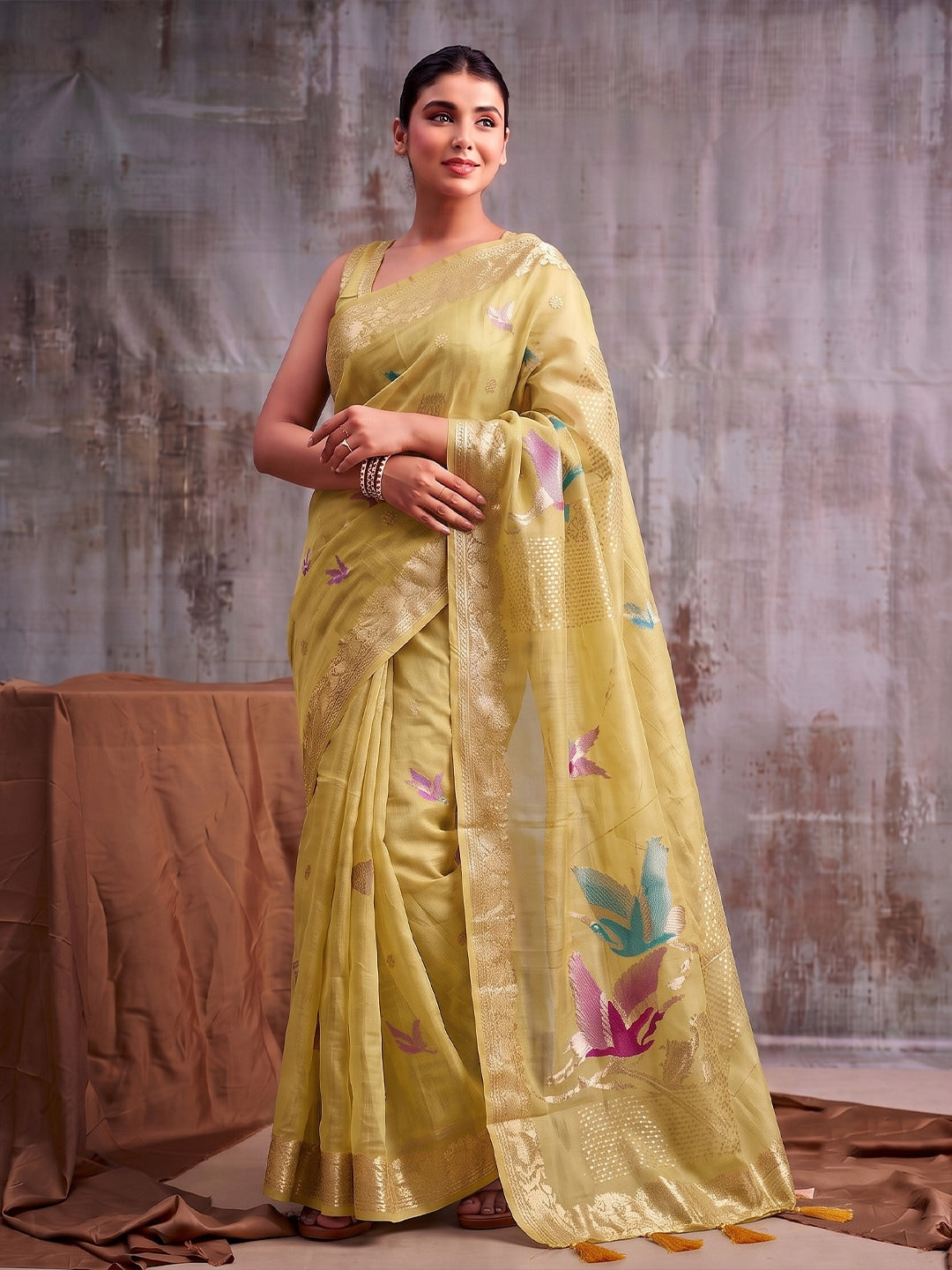 Peachmode Mustard Linen Cotton Woven Saree - Image 1