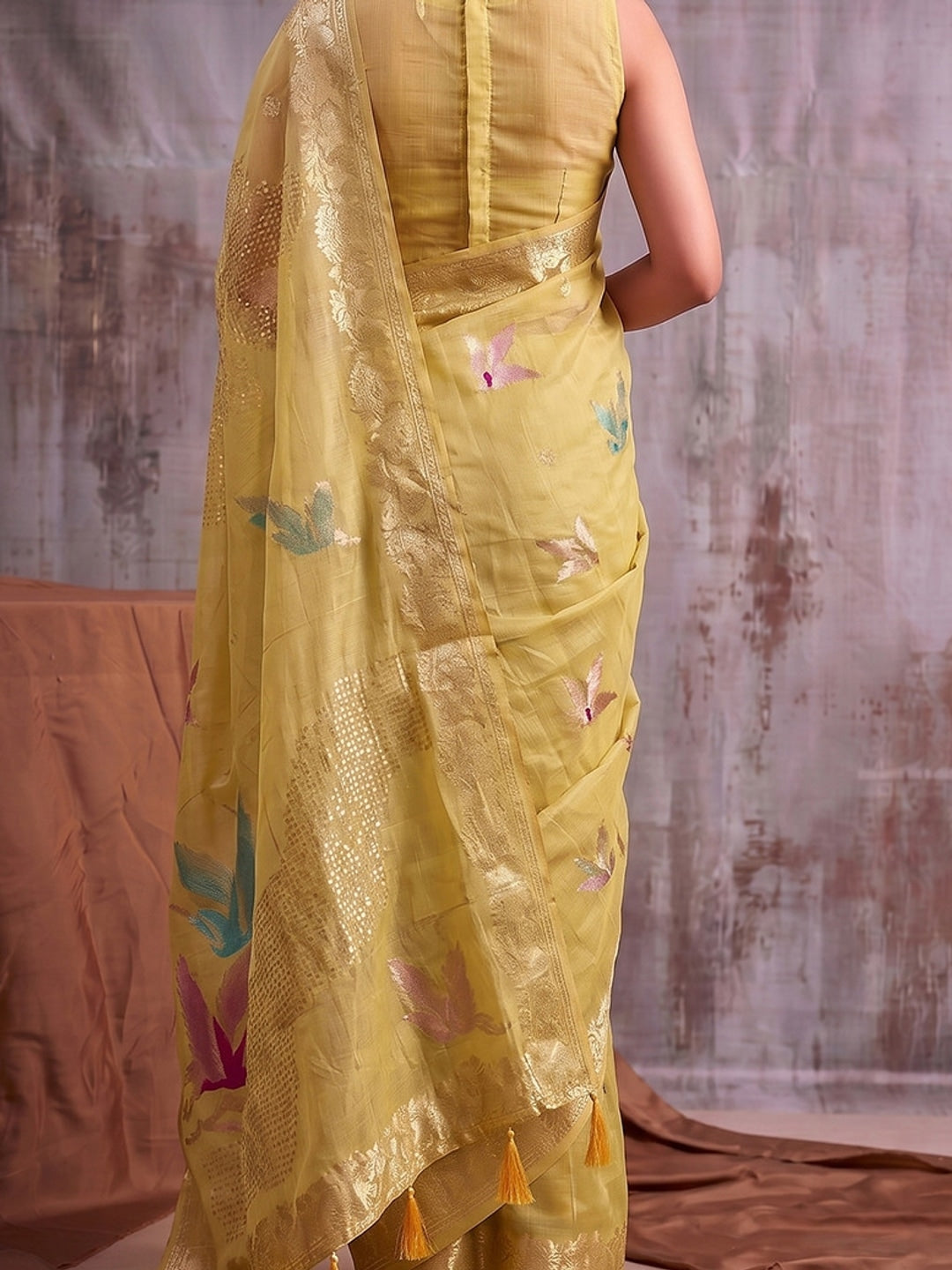 Peachmode Mustard Linen Cotton Woven Saree - Image 5