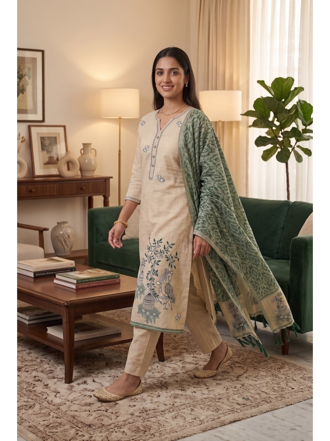 Peachmode Green Pichwai Jamdani Muga Cotton Dress Material - Image 4
