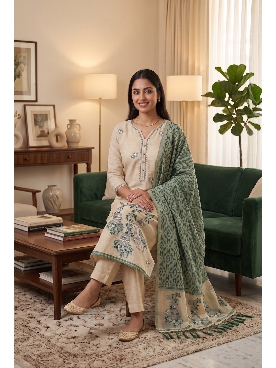 Peachmode Green Pichwai Jamdani Muga Cotton Dress Material - Image 5