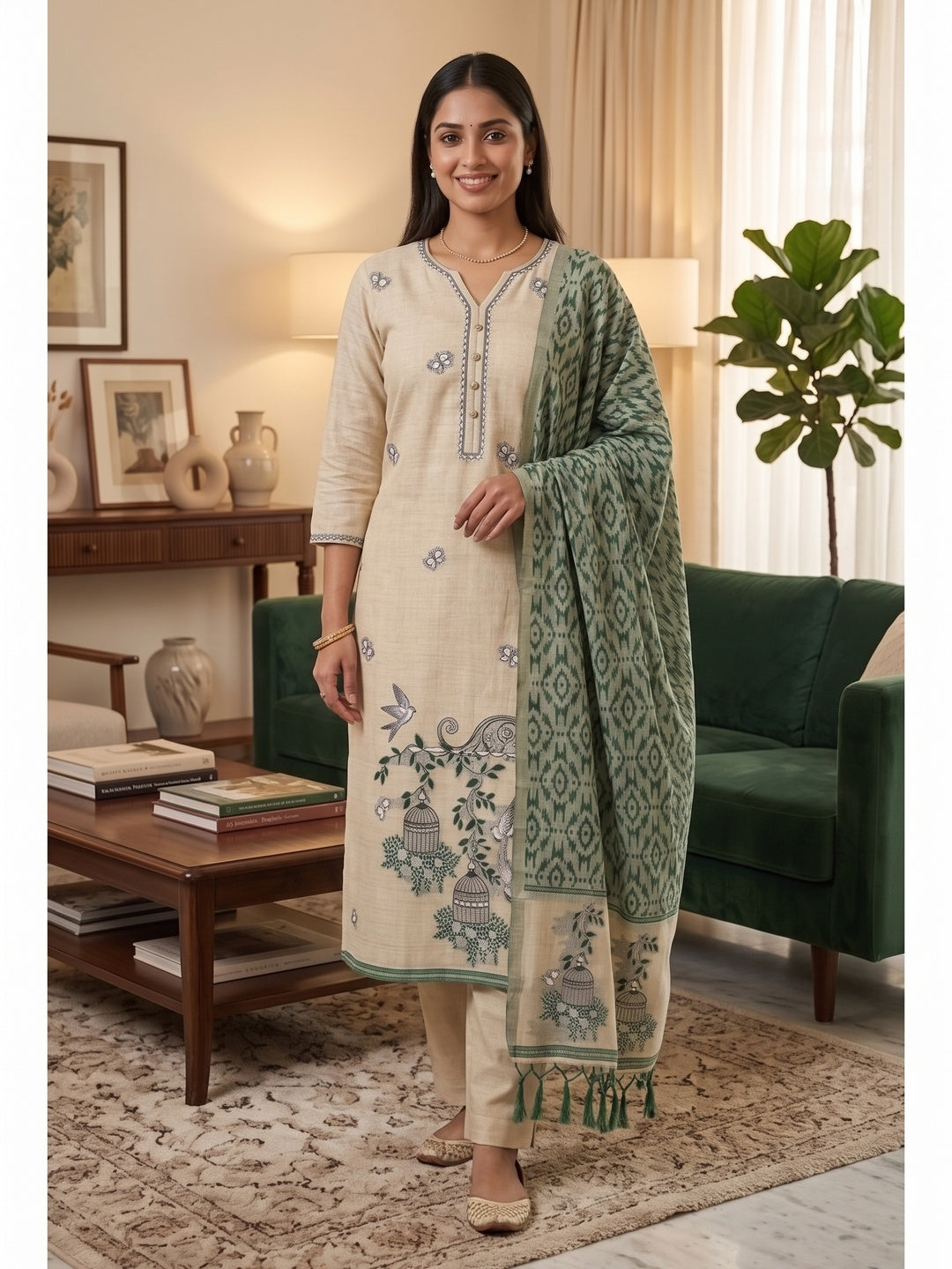 Peachmode Green Pichwai Jamdani Muga Cotton Dress Material - Image 1