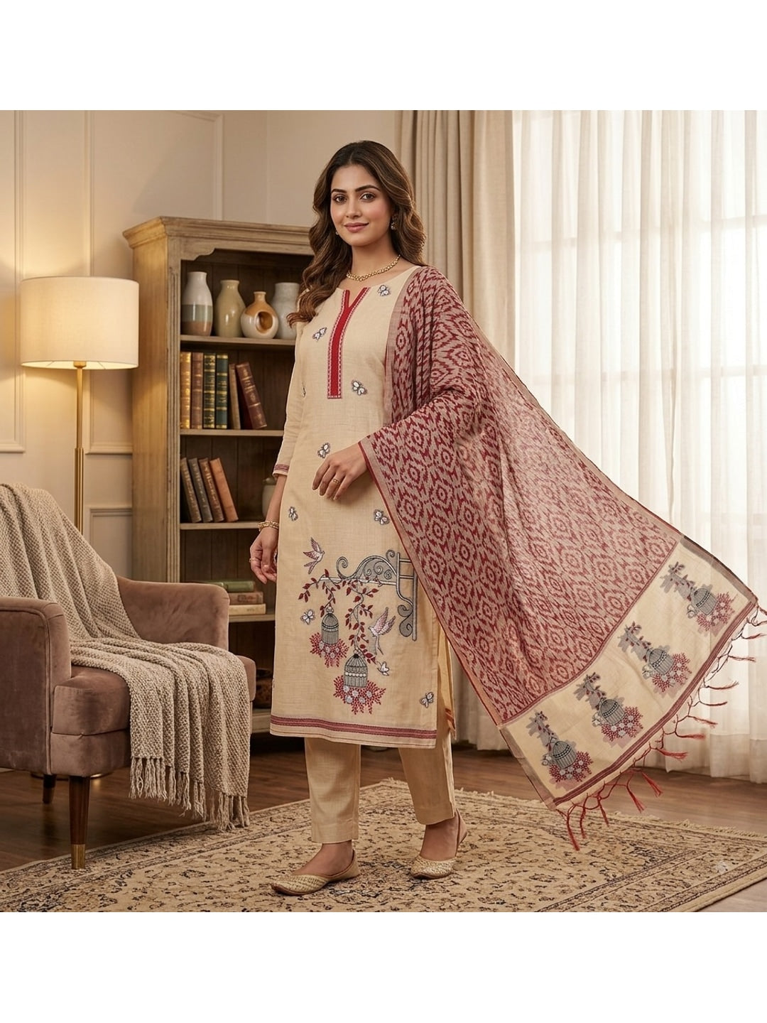 Peachmode Maroon Pichwai Jamdani Muga Cotton Dress Material - Image 2