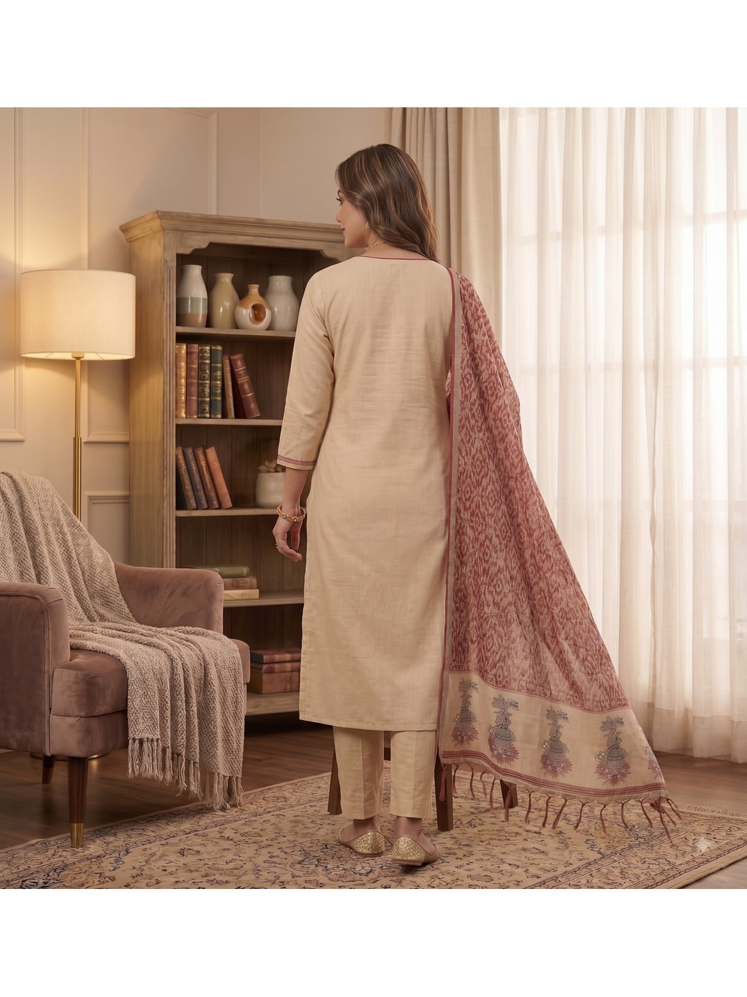 Peachmode Maroon Pichwai Jamdani Muga Cotton Dress Material - Image 3