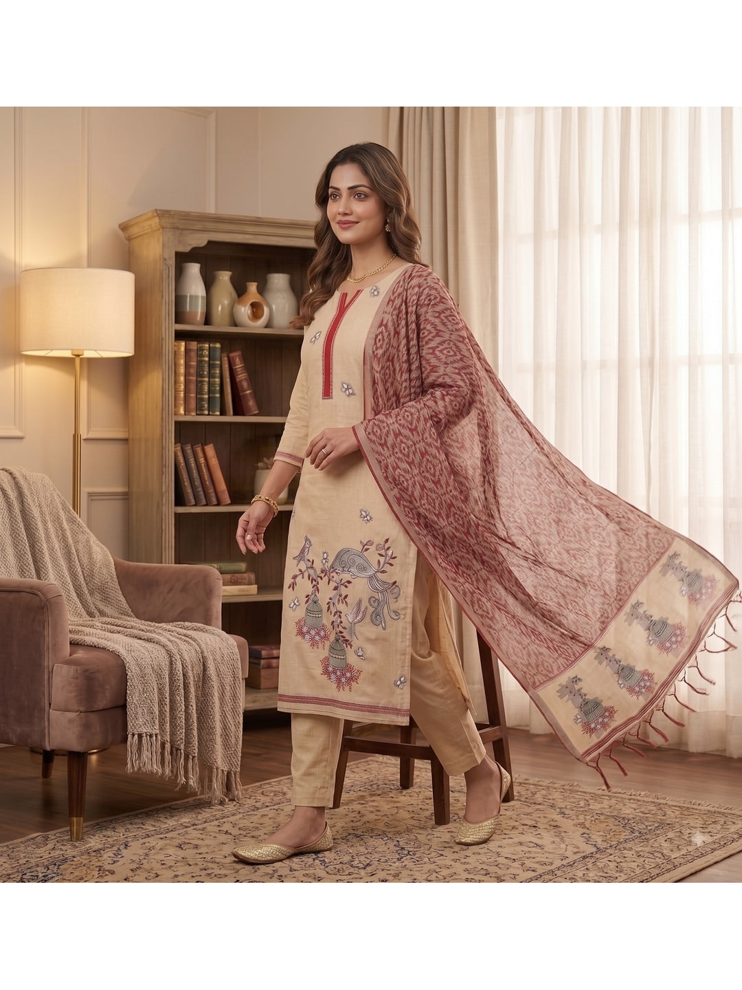 Peachmode Maroon Pichwai Jamdani Muga Cotton Dress Material - Image 4