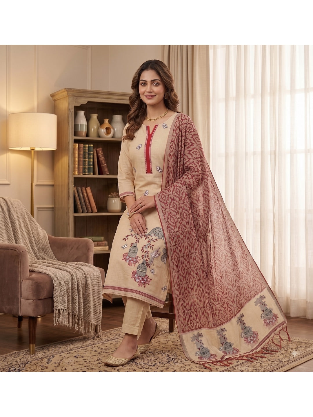 Peachmode Maroon Pichwai Jamdani Muga Cotton Dress Material - Image 5