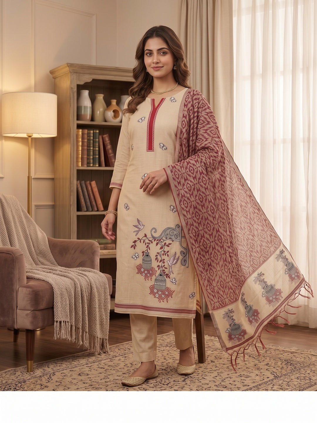 Peachmode Maroon Pichwai Jamdani Muga Cotton Dress Material - Image 1