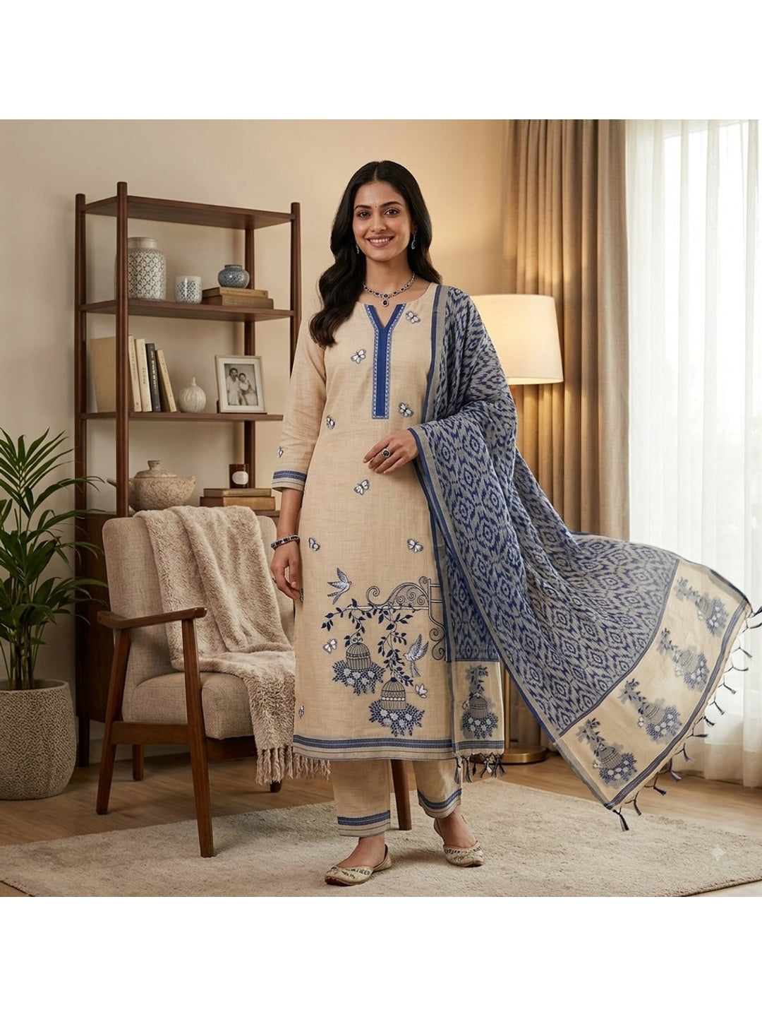 Peachmode Navy Blue Pichwai Jamdani Muga Cotton Dress Material - Image 2