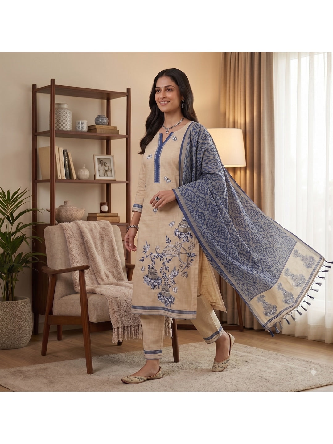 Peachmode Navy Blue Pichwai Jamdani Muga Cotton Dress Material - Image 4