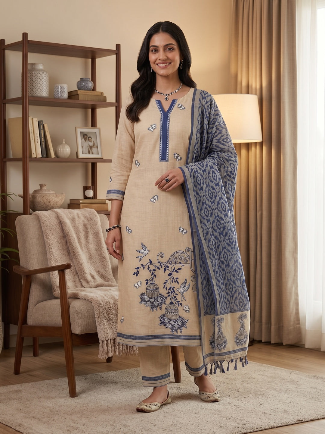 Peachmode Navy Blue Pichwai Jamdani Muga Cotton Dress Material - Image 1