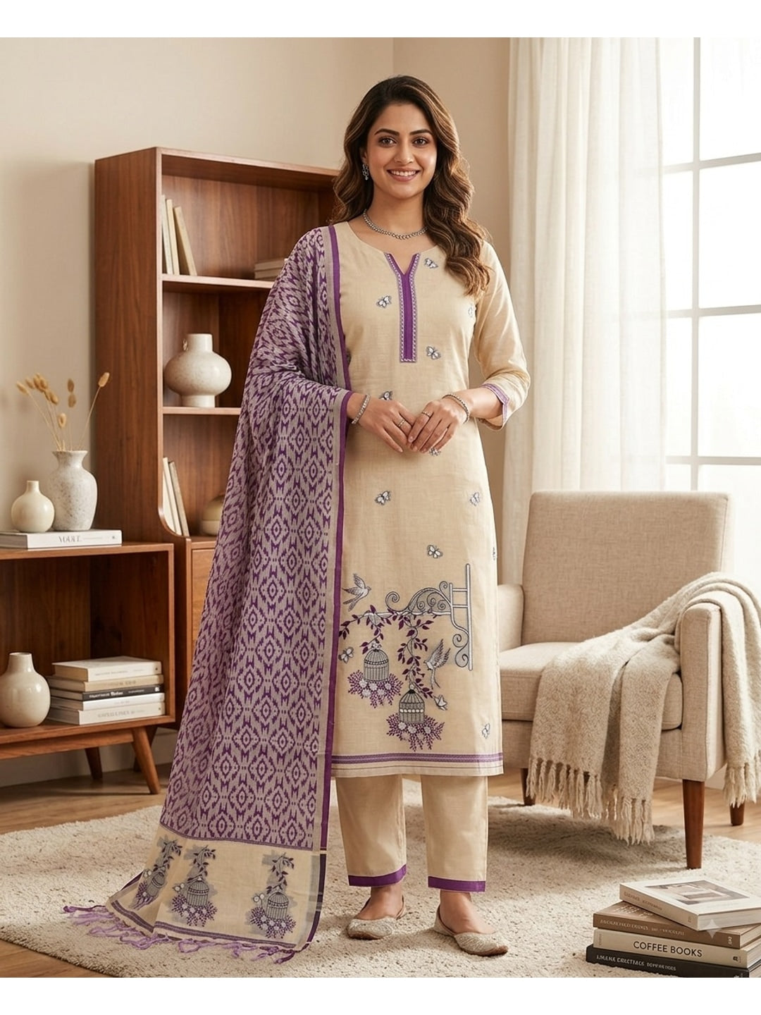 Peachmode Purple Pichwai Jamdani Muga Cotton Dress Material - Image 2