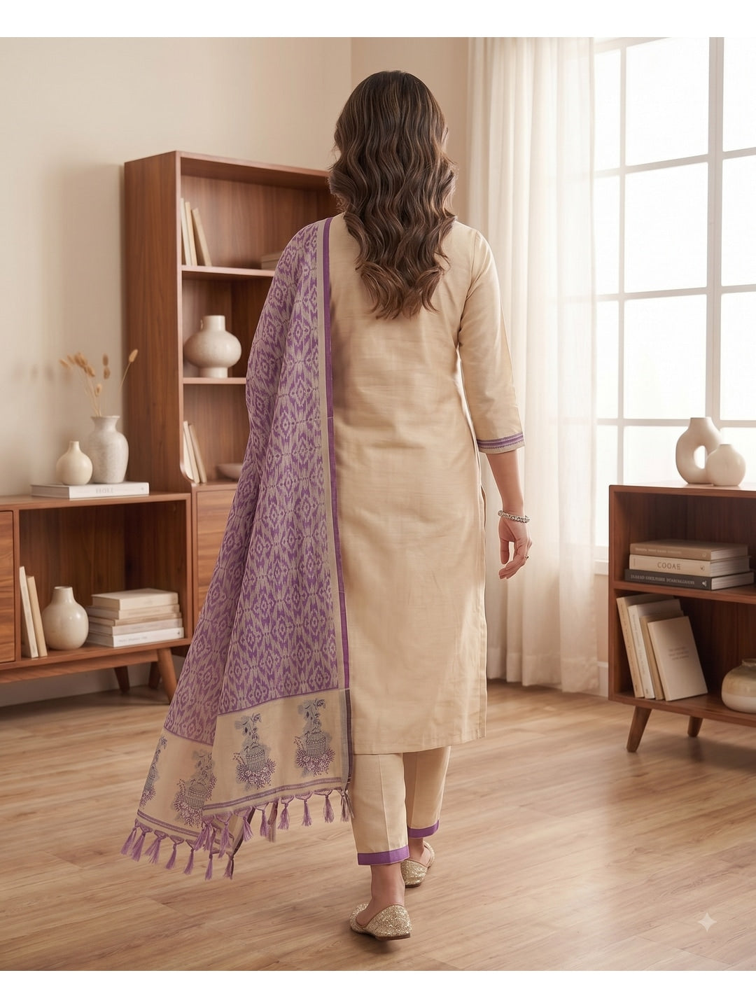 Peachmode Purple Pichwai Jamdani Muga Cotton Dress Material - Image 3