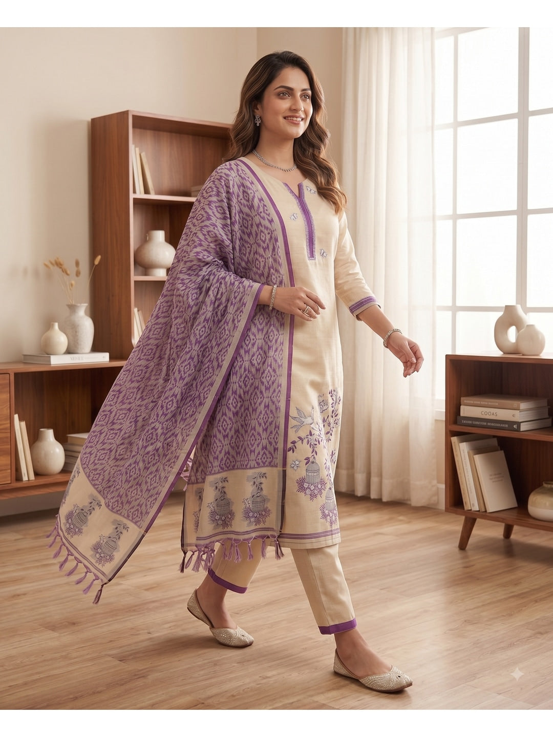 Peachmode Purple Pichwai Jamdani Muga Cotton Dress Material - Image 4