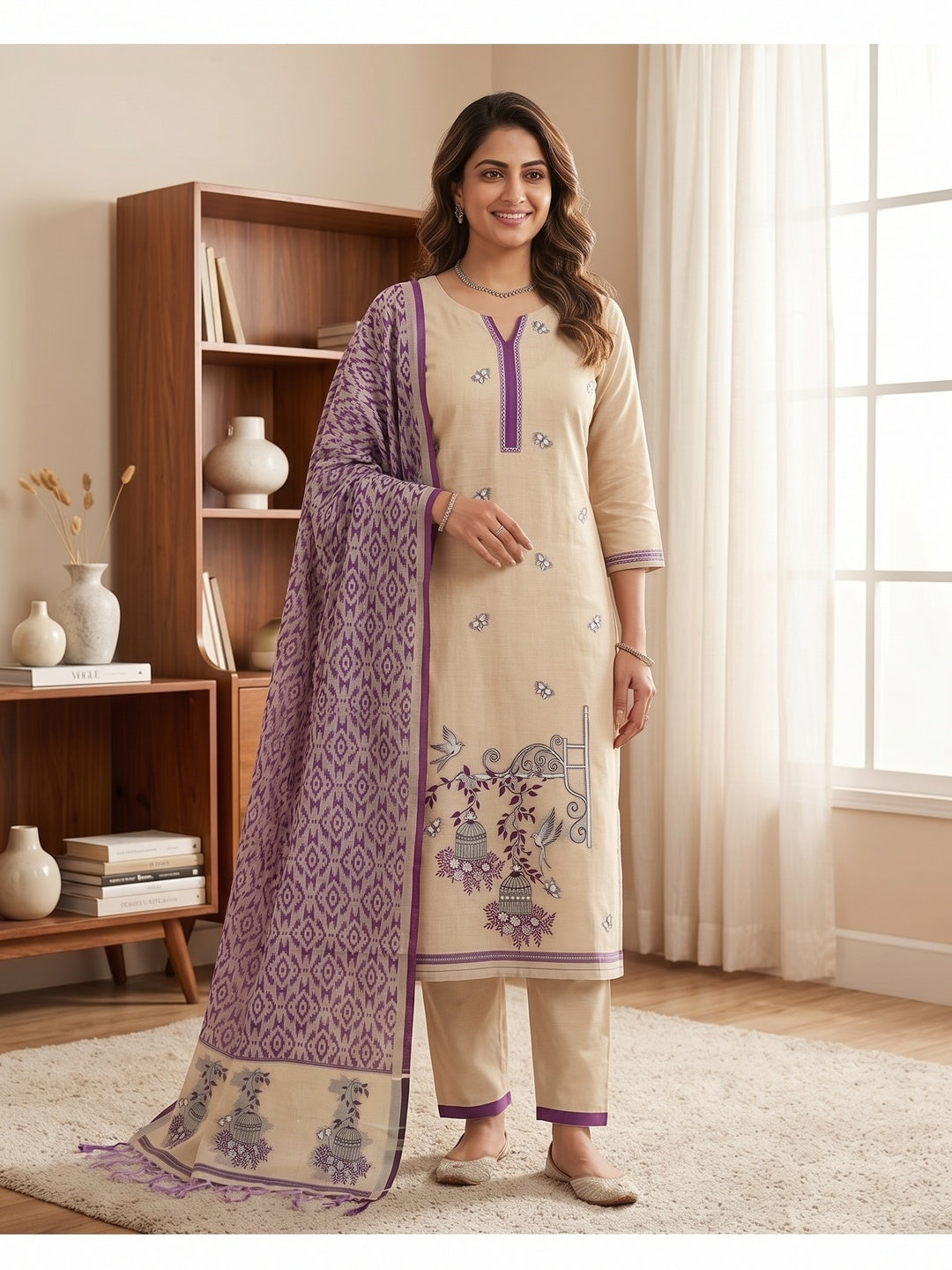 Peachmode Purple Pichwai Jamdani Muga Cotton Dress Material - Image 1