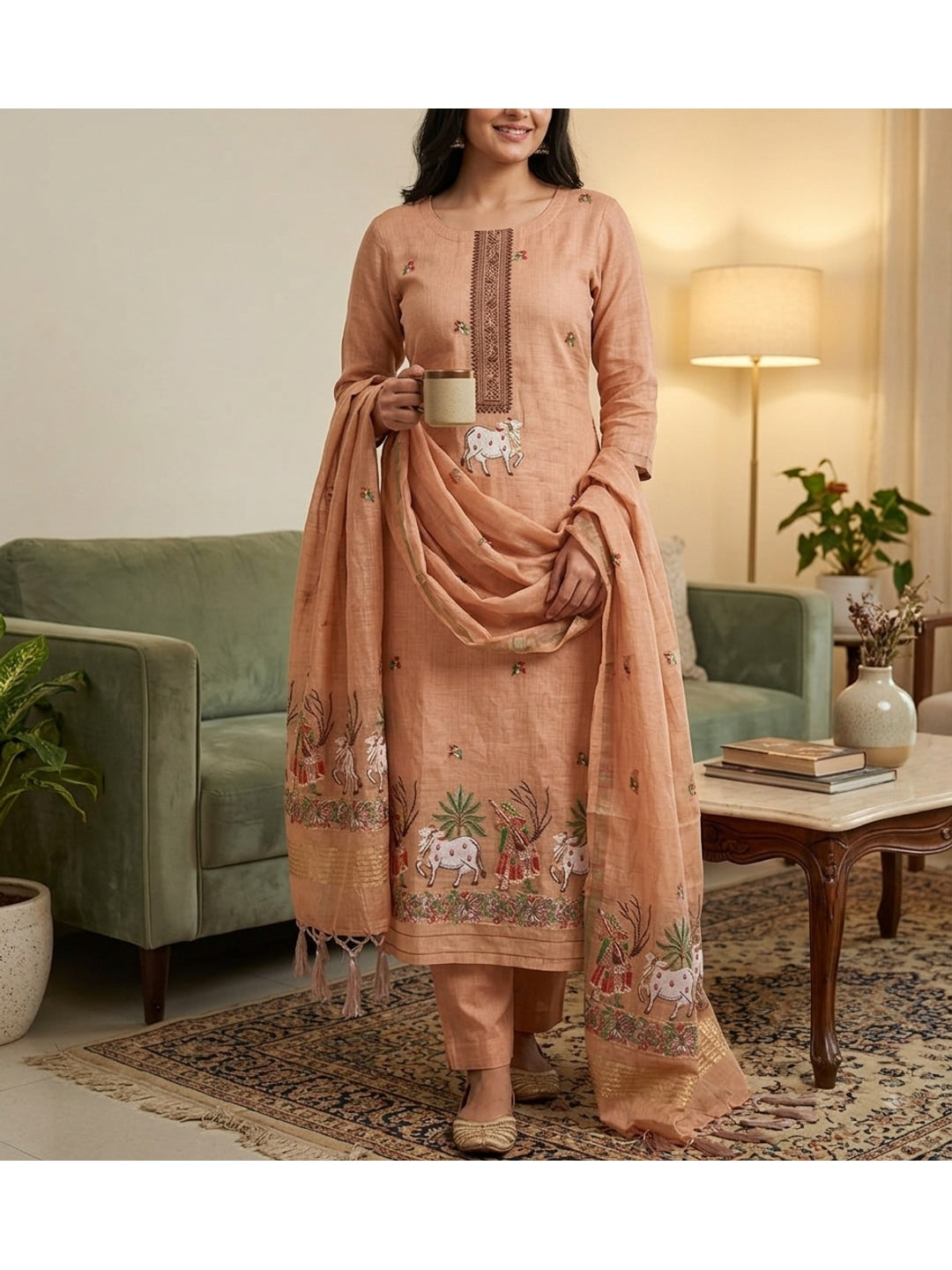 Peachmode Peach Pichwai Jamdani Muga Cotton Dress Material - Image 2