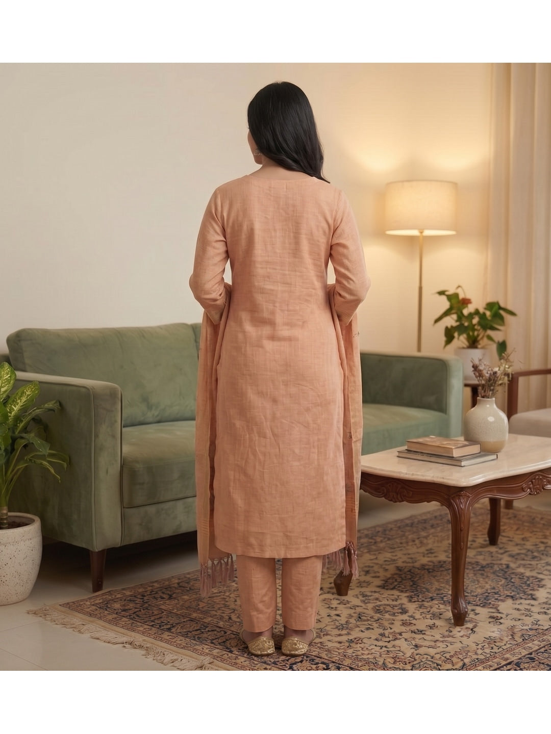 Peachmode Peach Pichwai Jamdani Muga Cotton Dress Material - Image 3
