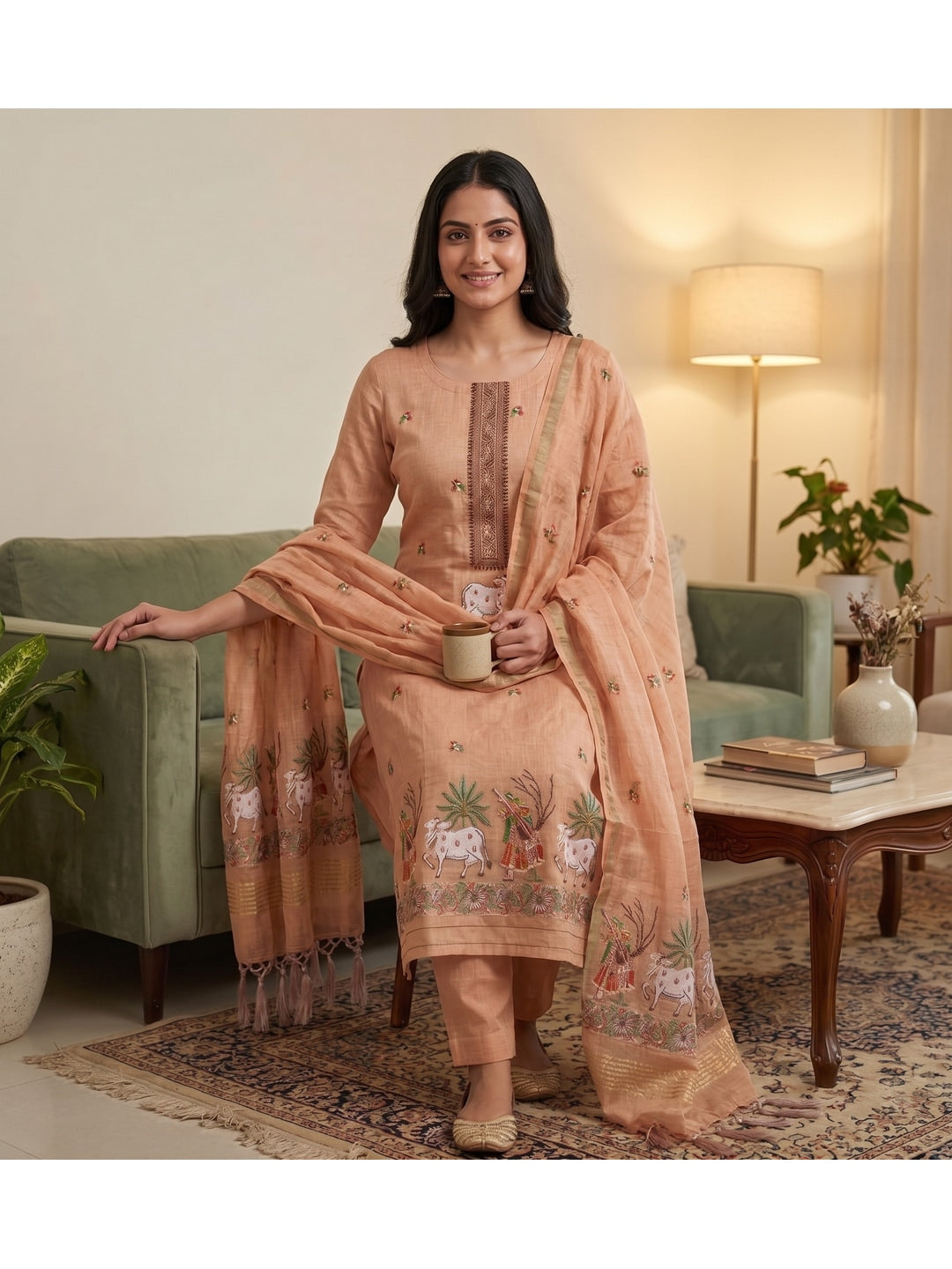 Peachmode Peach Pichwai Jamdani Muga Cotton Dress Material - Image 4