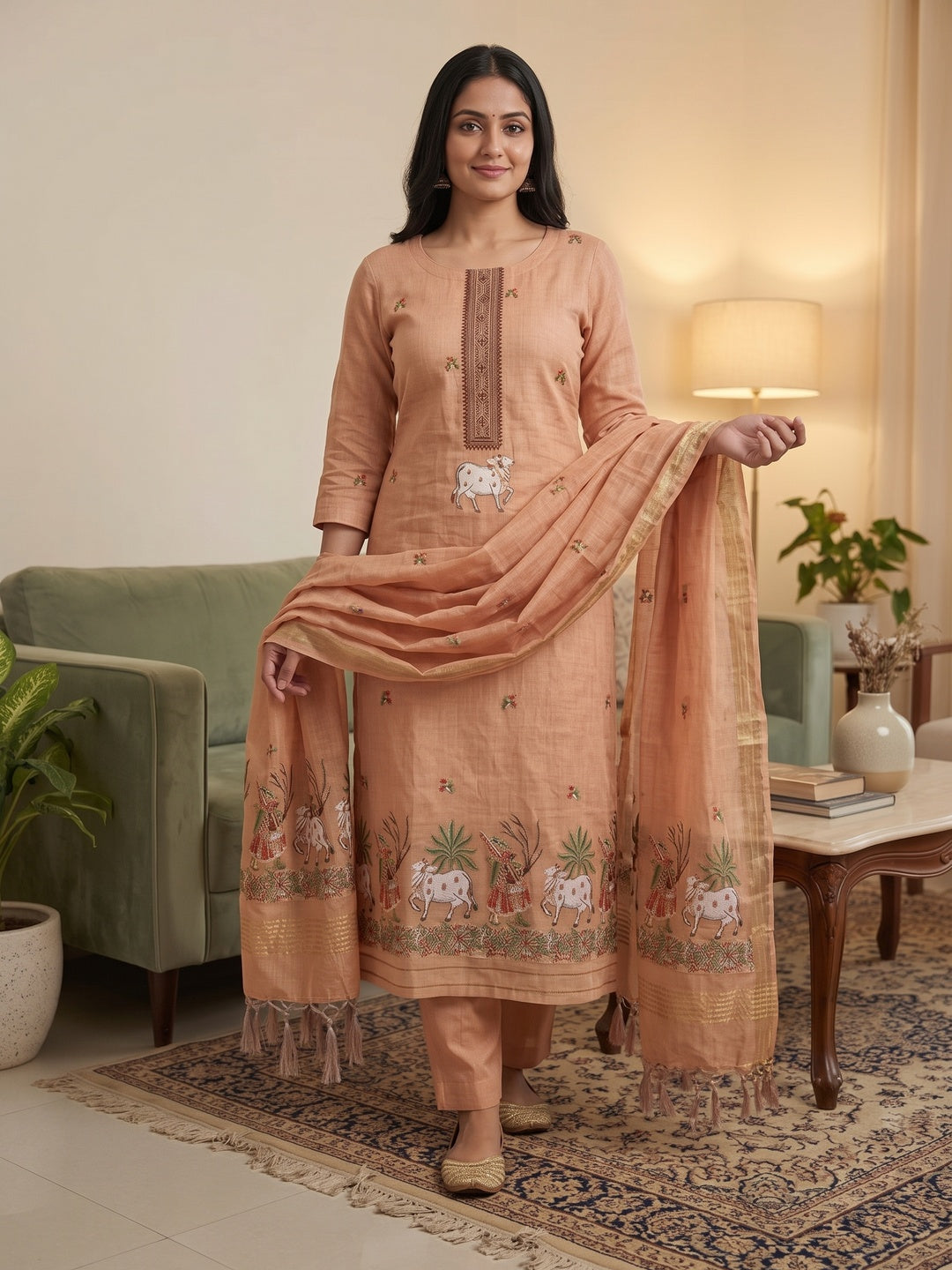 Peachmode Peach Pichwai Jamdani Muga Cotton Dress Material - Image 1