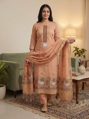 Peachmode Peach Pichwai Jamdani Muga Cotton Dress Material - Image 1