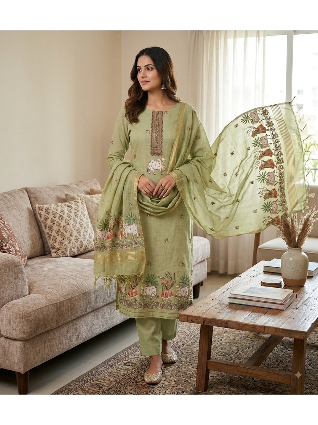 Peachmode Pista Green Pichwai Jamdani Muga Cotton Dress Material - Image 2