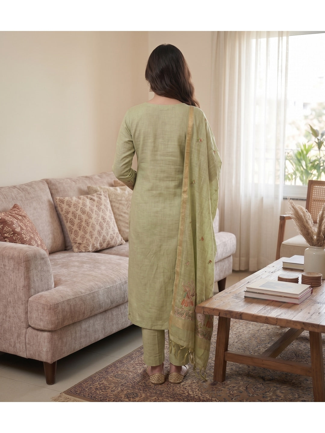 Peachmode Pista Green Pichwai Jamdani Muga Cotton Dress Material - Image 3