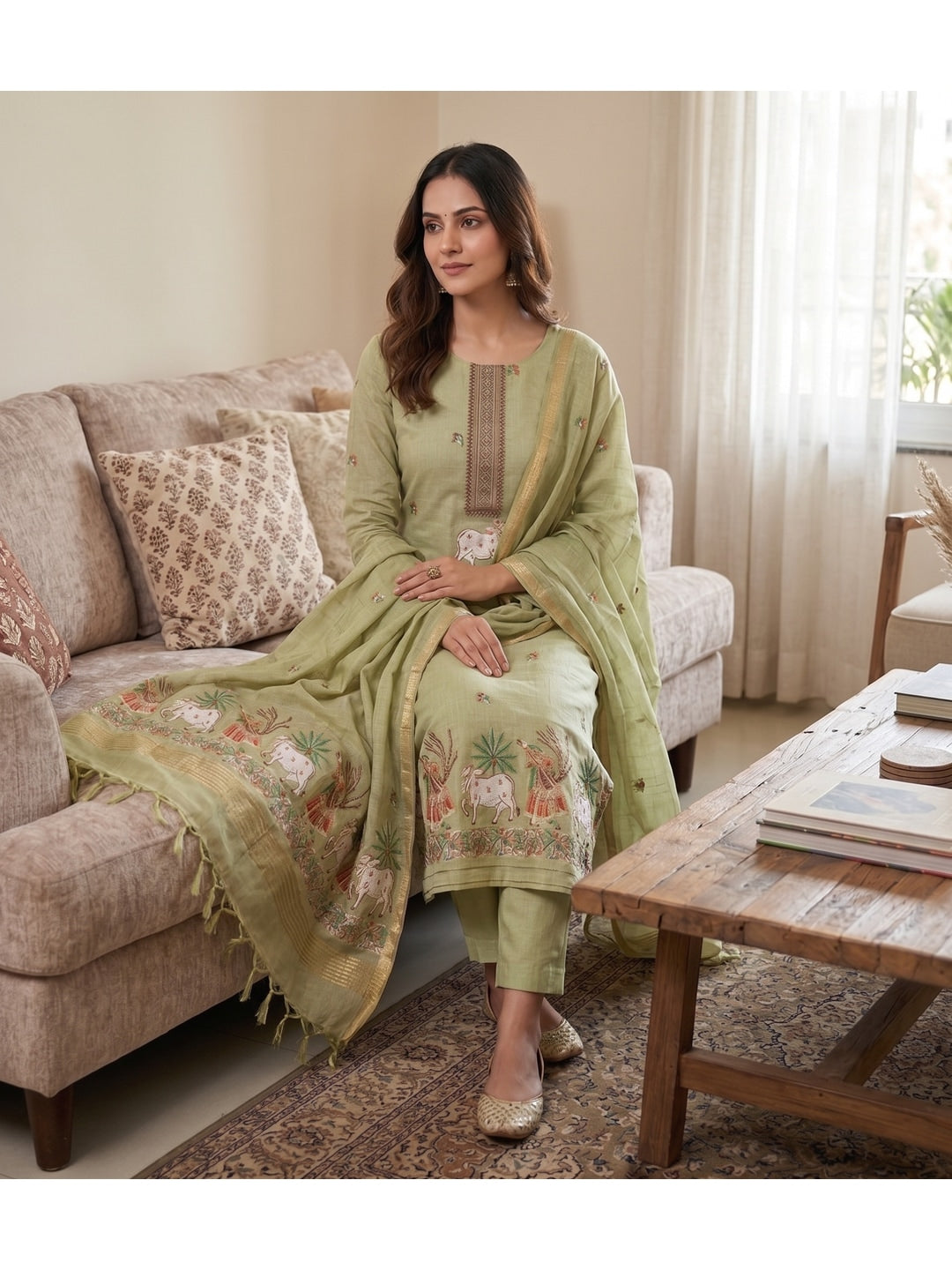 Peachmode Pista Green Pichwai Jamdani Muga Cotton Dress Material - Image 5